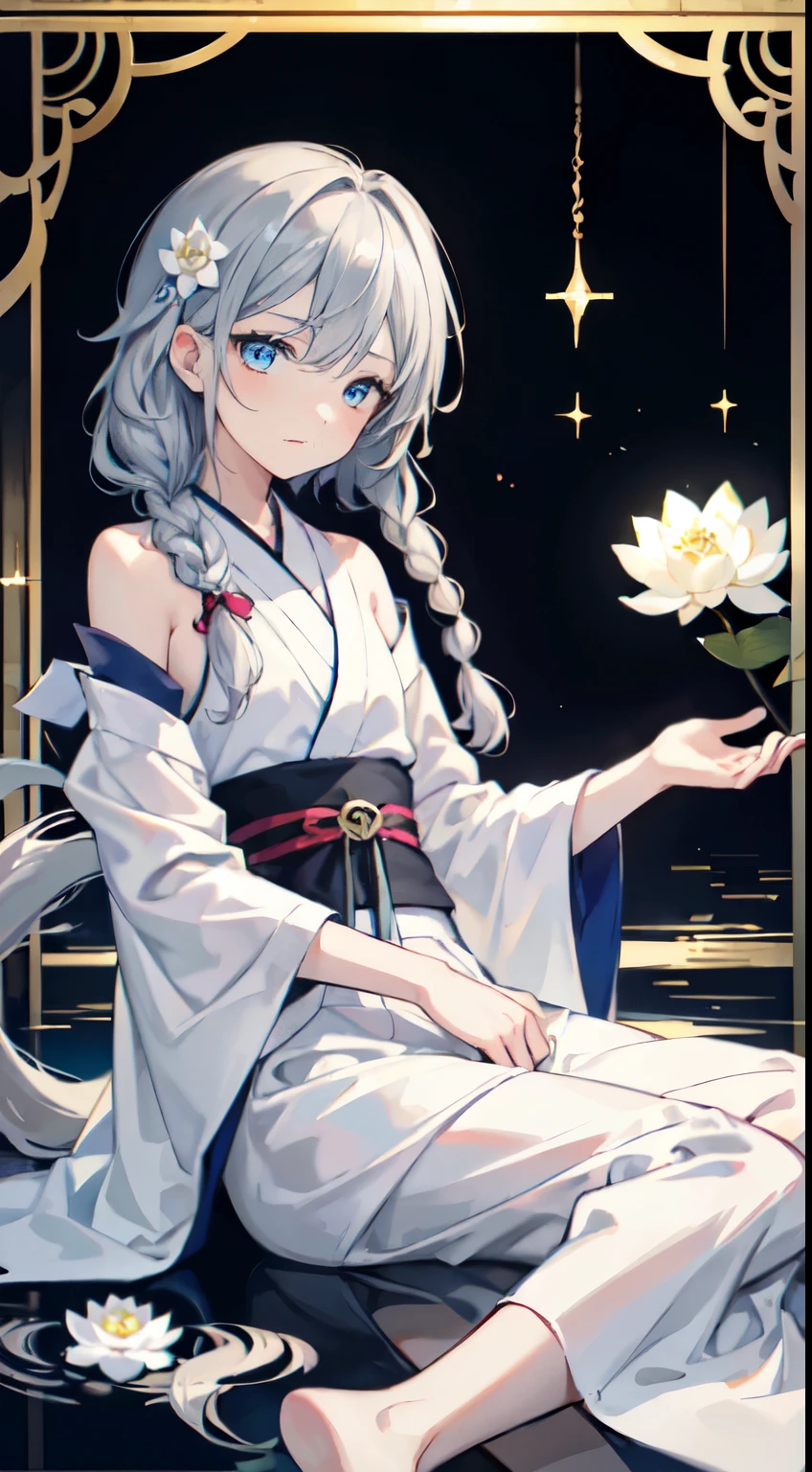 be familiar with eyes, be familiar with eye, be familiar with face, UHD, retina, Accurate, anatomically correct, rough skin, Super detailed, Awards, High resolution, best aesthetics, 超High resolution, clear, ultra be familiar with, 最high quality, high quality, 超high quality, 16k, advanced details, High resolution, be familiar with, masterpiece, beautiful, be familiar with skin, Yaoi, (whole body), (1 Pussy Boy), gray hair, Right braid loose side tail hair, wavy hair, right braid loose side tail wavy gray hair, blue eyes, sleepy eyes, double eyelid, white lotus, white lotus kimono, white lotus hair ornaments, (beautiful cuntboy with right braid loose side tail wavy gray hair holding a white lotus flower)