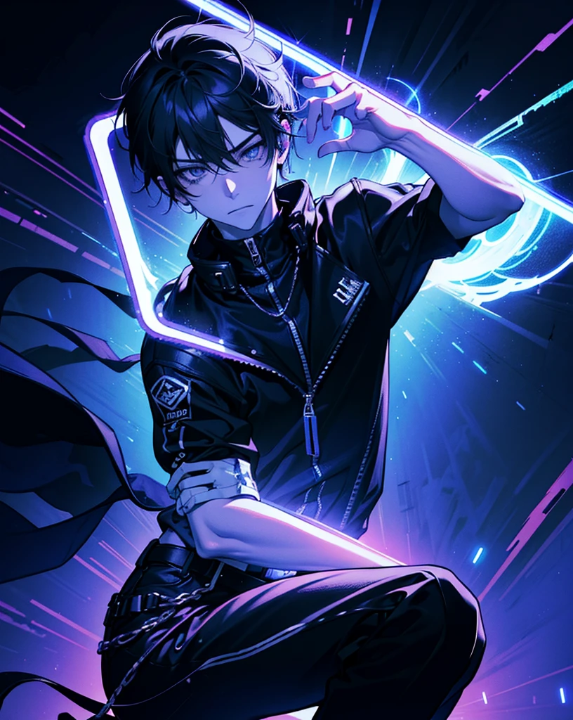 (best quality,4k,8k,highres,masterpiece:1.2),ultra-detailed,(realistic,photorealistic,photo-realistic:1.37),Sfw,Emo anime boy,handsome face,expressive eyes,intense gaze,long black hair with white highlights,cool gaming clothes,fitted black hoodie with colorful pixel art design,ripped jeans with patches and chains,black sneakers with neon accents,standing in a dark alleyway under neon lights,dramatic high contrast lighting,backlit by a glowing neon sign,holding a game controller with glowing buttons,intense emotional expression on his face,faint mist engulfing the ground,creating an atmospheric and moody scene,vibrant and saturated colors,with a dominant color scheme of cool blues and purples,emphasizing the futuristic and cyberpunk aesthetic.