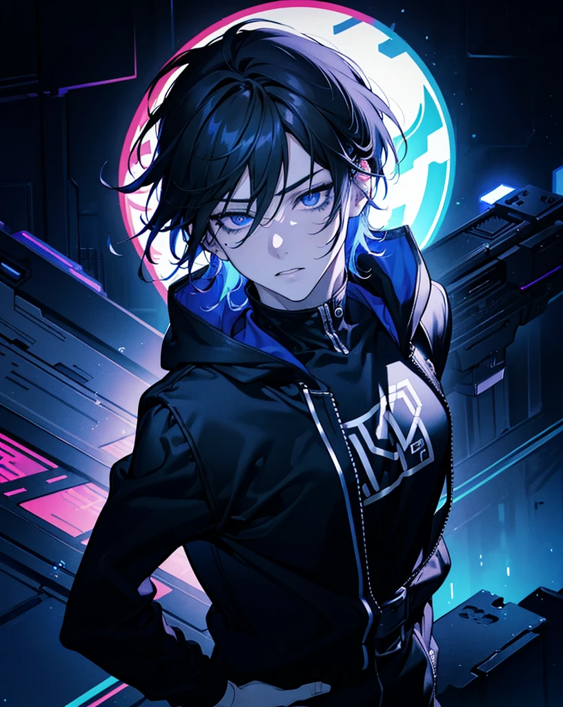 (best quality,4k,8k,highres,masterpiece:1.2),ultra-detailed,(realistic,photorealistic,photo-realistic:1.37),Sfw,Emo anime boy,handsome face,expressive eyes,intense gaze,long black hair with white highlights,cool gaming clothes,fitted black hoodie with colorful pixel art design,ripped jeans with patches and chains,black sneakers with neon accents,standing in a dark alleyway under neon lights,dramatic high contrast lighting,backlit by a glowing neon sign,holding a game controller with glowing buttons,intense emotional expression on his face,faint mist engulfing the ground,creating an atmospheric and moody scene,vibrant and saturated colors,with a dominant color scheme of cool blues and purples,emphasizing the futuristic and cyberpunk aesthetic.