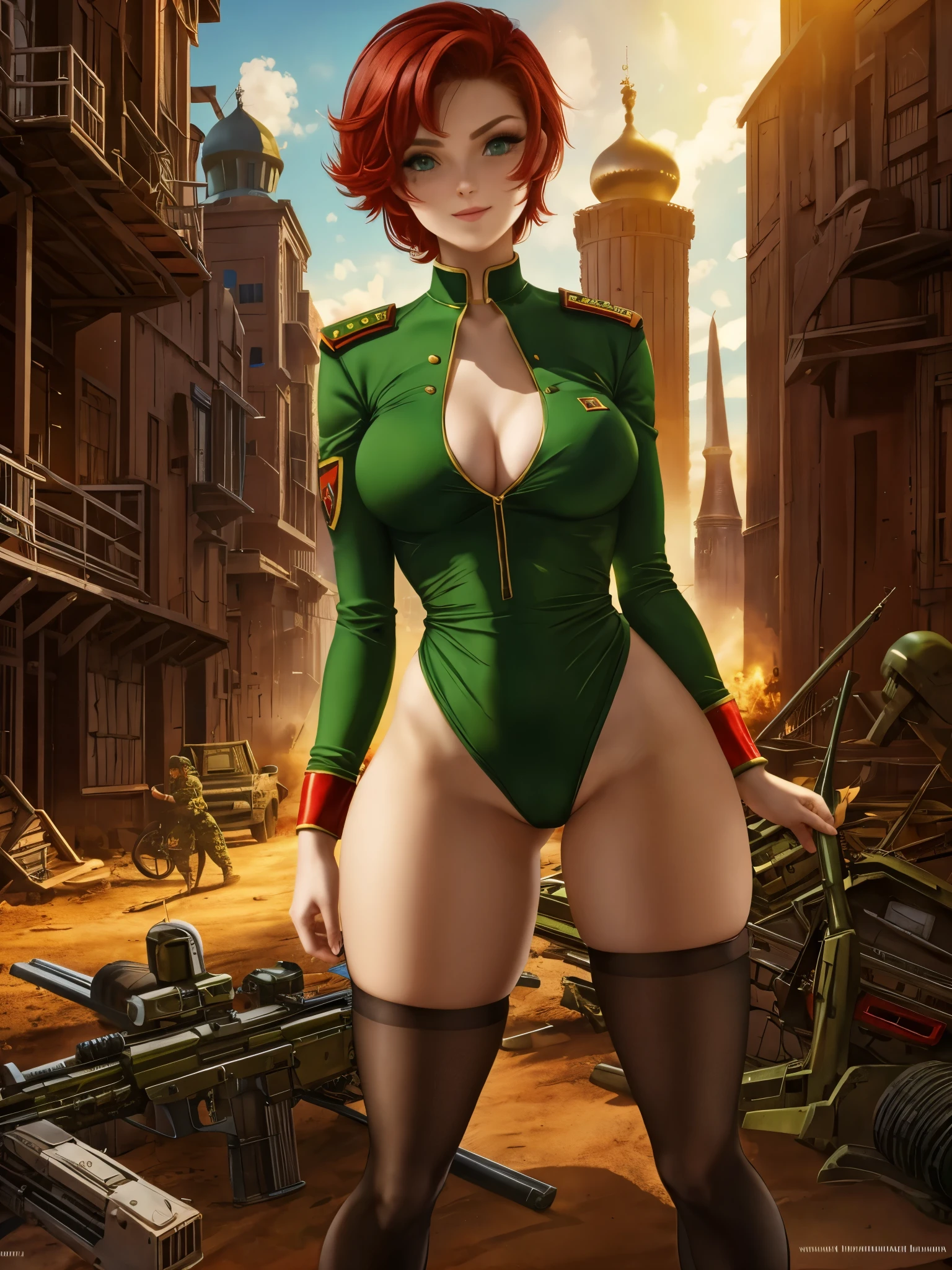 19-year-old Russian woman, 1girls, military, soldiers, fair skin, short red hair, dressed in a green minidress, clubbing outfit, leotard, sexy, apocalyptic wasteland, daytime, good lighting, desert, rusted hulks, red panties