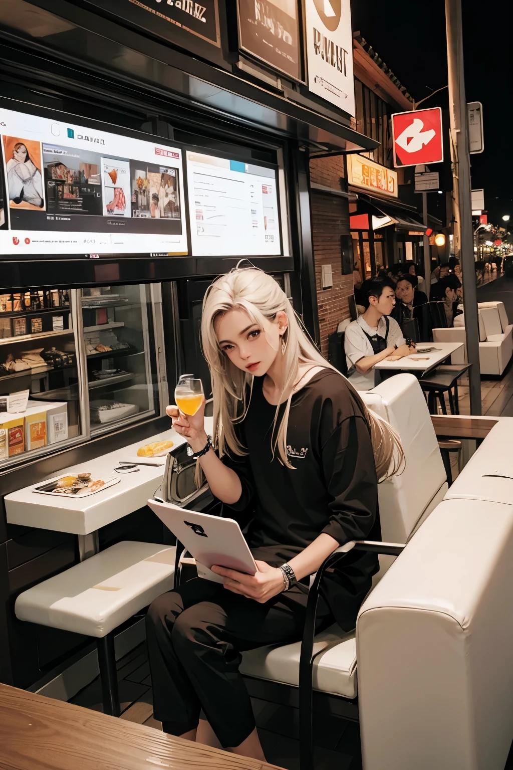 pagina quadrinho estilo manga preto e branco, (cena noturna) (( enquadramento dinamico)), HOMEM DE CABELOS LONGOS CONVERSANDO COM UMA GAROTA em um PUB cafe at night, fundo rua lotada, pessoas brigando