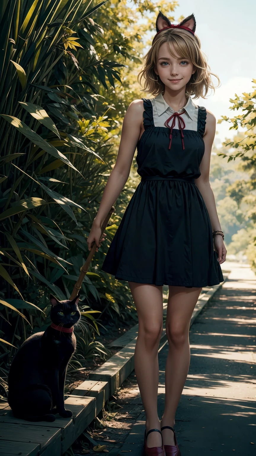 A 23-year-old white woman with unparalleled beauty.、blue eyes、dark blonde、hair is wavy、bob hair、She wears a red ribbon headband on her head.、The ends of the hair are curled upwards、smile、Slender yet well-proportioned body、sunlight is shining from above、photorealistic images、8K quality、I don't want my head to disappear from the screen.、wearing a dark blue dress、wearing red loafers、I have a bamboo broom with a long stick.、There's a black cat next to me、smile、Ghibli、Witch's Delivery Service、kiki
