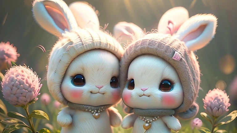 Cute rabbit dancer, is a non-human character, white bandages, pink faux pearl necklace, dancing in long grass, rabbit ears fluttering in the wind, bright smile in the sun, soft and delicate light and shadow, dark background highlighting rabbit, pastel style style filter.