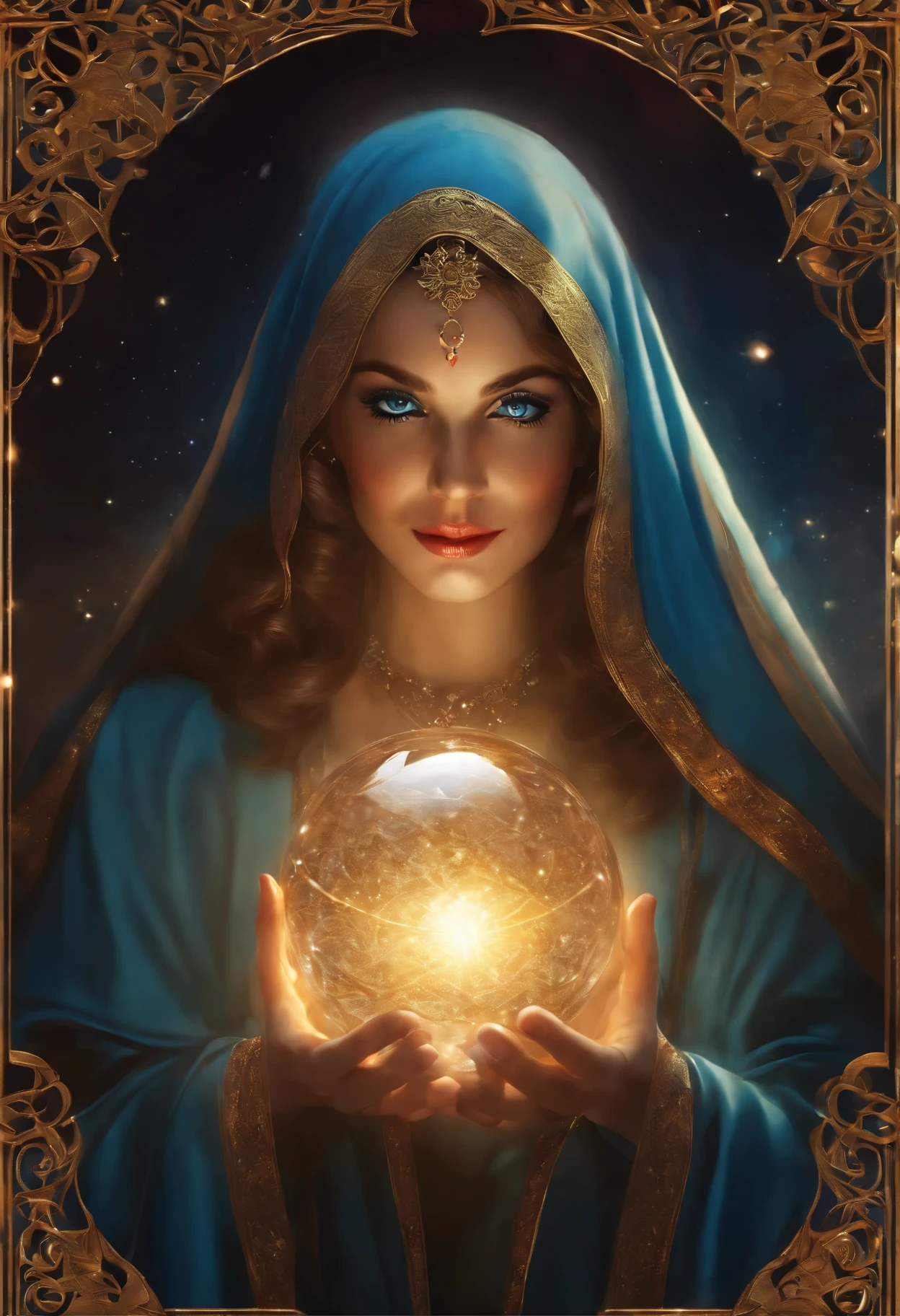 fortune teller、god、Beauty、blue eyes、Background blue、god秘的、holy、Aunt、holding a crystal ball in both hands、tarot、shining eyes of light、holy、bright colors、particles of light、light shines、Musif、wallpaper art、UHD Wallpapers