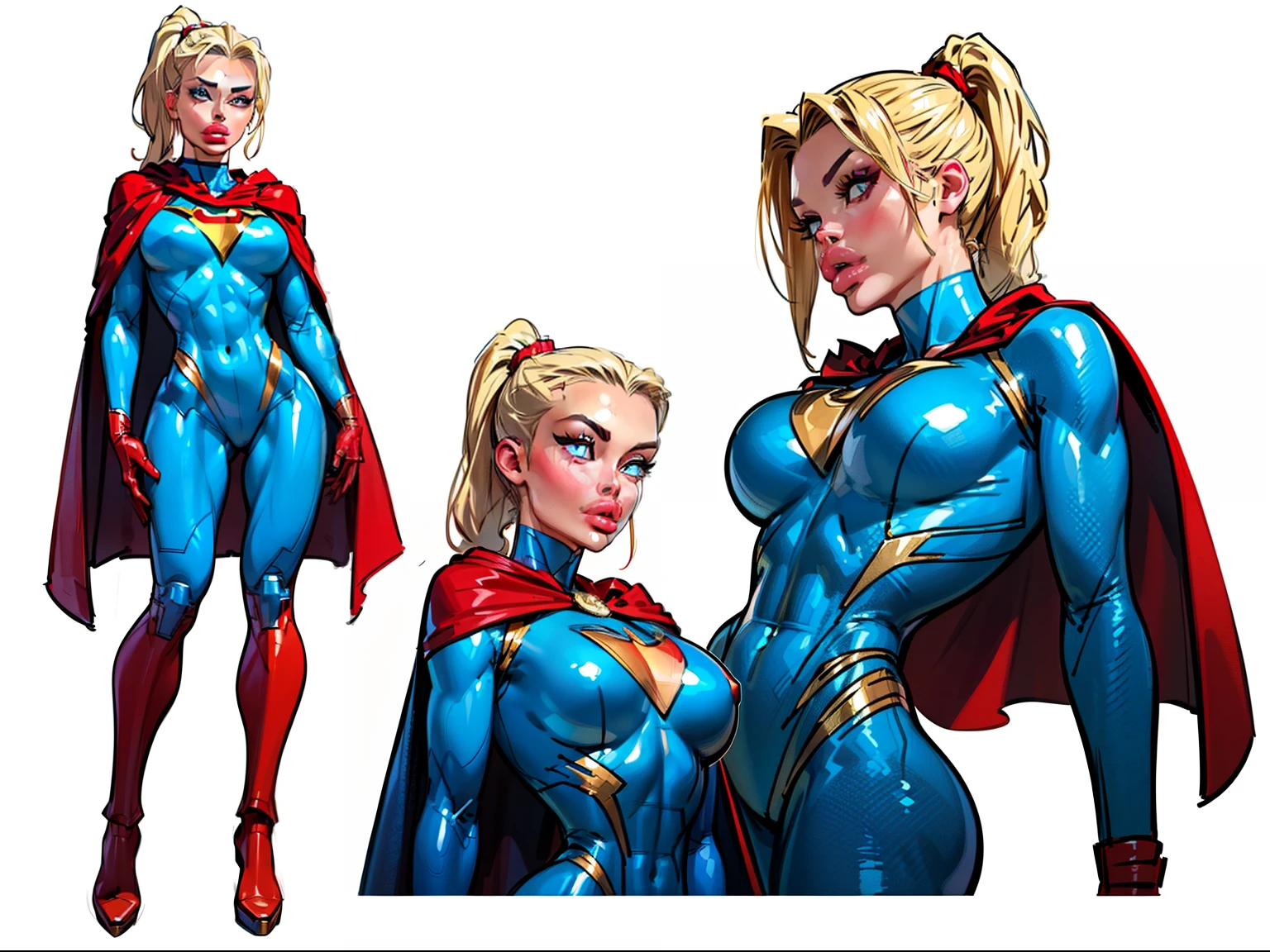 ((masterpiece)),(((best quality))),((character design sheet)), ((full body view)) illustration,1girl, muscular, ((blue bodysuit:1.5)), superhero, (blonde ponytail:1.4), (red cape:1.4) ((detailed face:1.4)) ((slendered abs)), red gloves, red boots, (flat chest:1.2), beautiful woman, (red thighhighs:1.3)shiny skin, (gold emblem on chest:1.2),scribbles and marks, (puffy lips:1.5), rough sketches, pose, 8k,16k, (simple background, white background: 1.3)