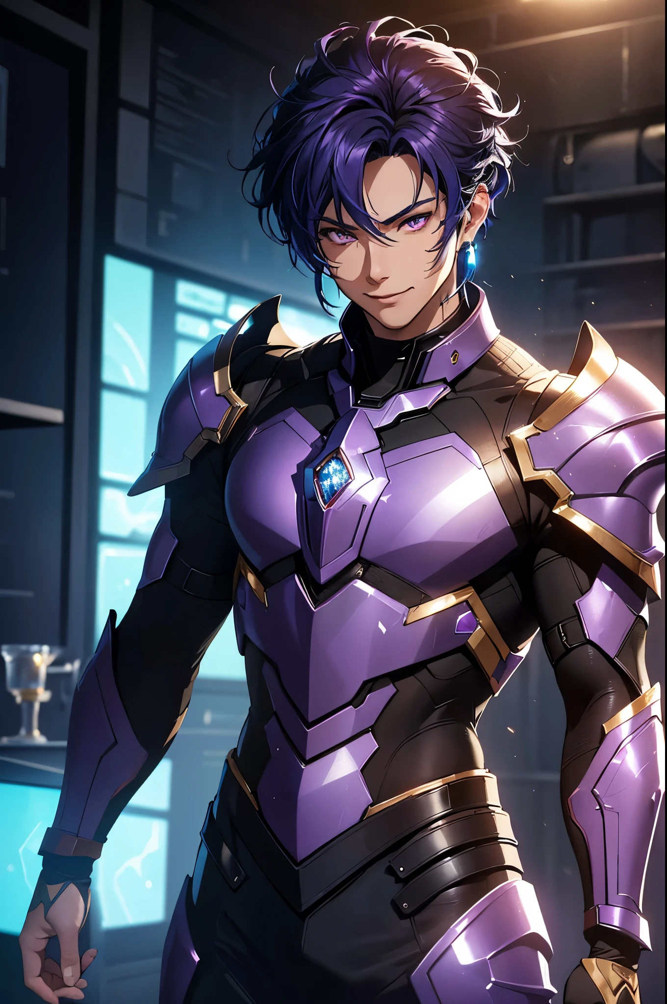 (masterpiece, Best Quality, absurdres, 8K resolution, HD wallpaper), cinematic lighting, raytracing, depth of field, Hyper Detailed, ((Solo Boy)), Handsome, Seductive smile, libido boy, purple hair, crystal gold eyes, (((black armor with blue , science fiction))), (((background desert))),(neonlight, Vibrant glow, Dynamic color, Vivid Contrast, shiny reflective surfaces), cowboy shot, looking at viewer, upper body, abs, muscular, carefree, earrings