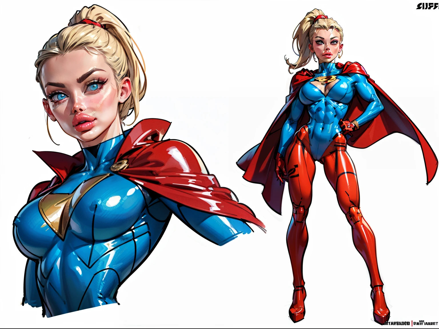 ((masterpiece)),(((best quality))),((character design sheet)), ((full body view)) illustration,1girl, muscular, ((blue bodysuit:1.5)), superhero, (blonde ponytail:1.4), (red cape:1.4) ((detailed face:1.4)) ((slendered abs:1.4)), red gloves, red boots, ((flat chest)), beautiful woman, (red thighhighs:1.3)shiny skin, (gold emblem on chest:1.2),scribbles and marks, (puffy lips:1.5), rough sketches, pose, 8k,16k, (simple background, white background: 1.3)