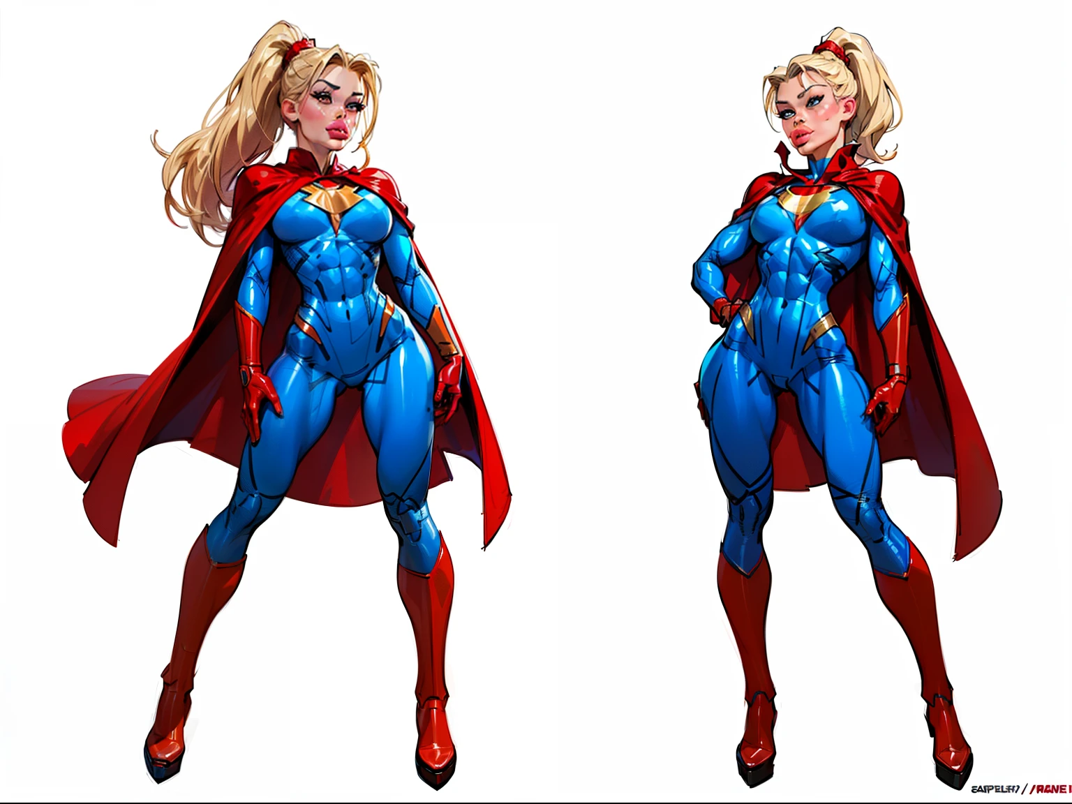 ((masterpiece)),(((best quality))),((character design sheet)), ((full body view)) illustration,1girl, muscular, ((blue bodysuit:1.5)), superhero, (blonde ponytail:1.4), (red cape:1.4) ((detailed face:1.4)) ((slendered abs:1.4)), red gloves, red boots, ((flat chest)), beautiful woman, (red thighhighs:1.3)shiny skin, (gold emblem on chest:1.2),scribbles and marks, (puffy lips:1.5), rough sketches, pose, 8k,16k, (simple background, white background: 1.3)