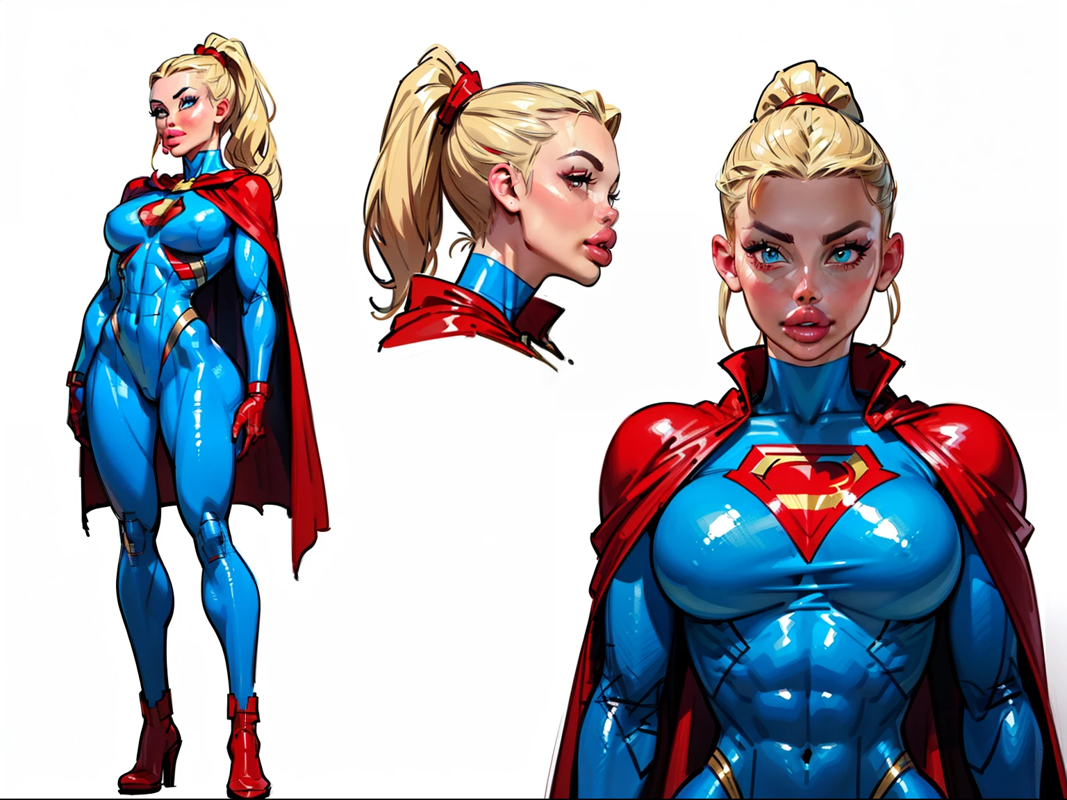 ((masterpiece)),(((best quality))),((character design sheet)), ((full body view)) illustration,1girl, muscular, ((blue bodysuit:1.5)), superhero, (blonde ponytail:1.4), (red cape:1.4) ((detailed face:1.4)) ((slendered abs:1.4)), red gloves, red boots, ((flat chest)), beautiful woman, (red thighhighs:1.3)shiny skin, (gold emblem on chest:1.2),scribbles and marks, (puffy lips:1.5), rough sketches, pose, 8k,16k, (simple background, white background: 1.3)