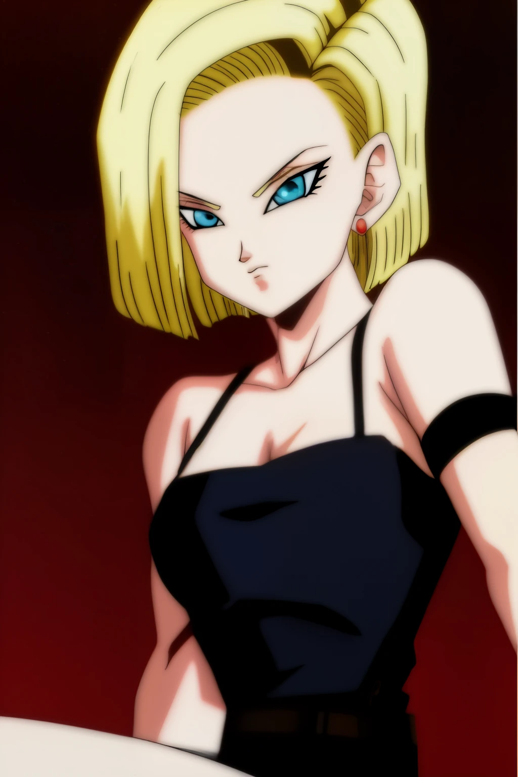 Android 18, 1 lonely girl, sexy, malicious look, short blonde hair, blue eyes 