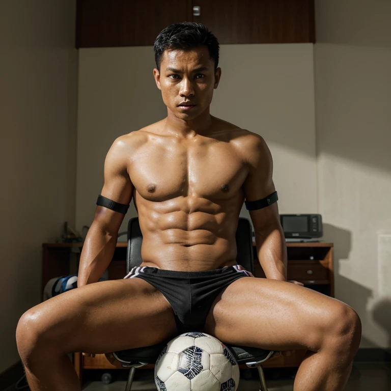 Hyperrealistic pictures of a handsome Indonesian soccer One soccer is standing and shirtless . The policeman lies on a doctor's chair. His hands and body are attached to the chair with buckles. They're eyes glowing red with spirals inside the pupils.