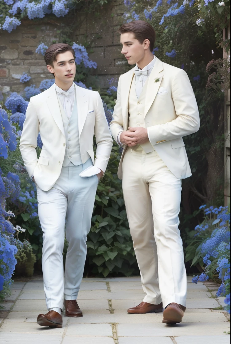 High quality color image. Two men in the garden. Young skinny, short boy 18 years old, dressed in a brown suit in the fashion of the late nineteenth century Victorian era, walking in the garden next to the tall, adults, a powerfully built gentleman of thirty, in the garden among growing blue delphiniums, who are taller than them, day light, a high resolution, professional photography of excellent quality, natural detailed leather texture, 8k. Delphiniums are taller, than a young man, they surround him on all sides.