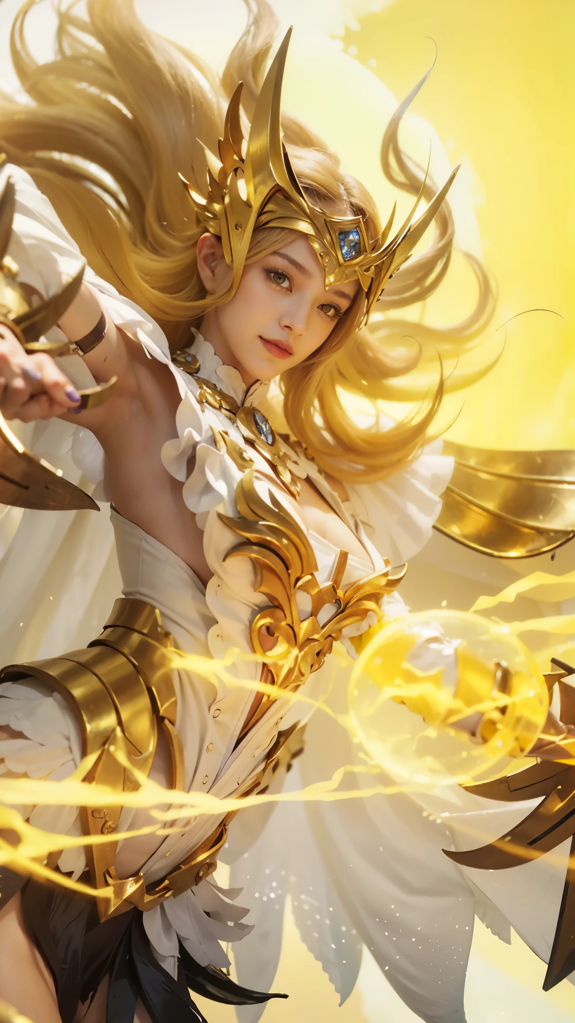 (female:1.2), 8k, ultra hd, ultra detailed texture, hyper realistic, masterpiece, detailed texture, detailed face, detailed skin, detailed lighting, (photorealistic:1.5), best quality, beautiful lighting, cinematic lighting, professional lighting, ultra highres, realistic, detailed hair, real hair, high quality, (realskin:1.5), extremely detailed, finely detail, ultra-detailed, 1girl, solo, flying, (yellow eyes:1.5), v-shaped eyebrow, lips, parted lips, smile, teeth, white skin, nose, pretty, beautiful, make up, cute face, long hair, yellow hair, ponytail, large breasts, cleavage, pauldrons, gauntlets, purple bodysuit, Long sleeve, armor shoulder, sword, holding sword, dual wielding, planted sword, \(mobile legends\), depth of field, looking aways, skin tight, amazing pose, glowing, cloud, sky, condensation trail, outdoors, blurry background