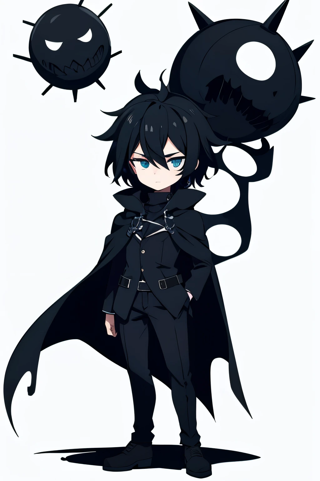 2d game character, multiple poses, full body, complete white background, tiny character, , chibi, wearing a black cape,a sprite sheet, an image of a boy with black coat wearing mask, short boy, black hair, good illustration, hollow knight inspired art