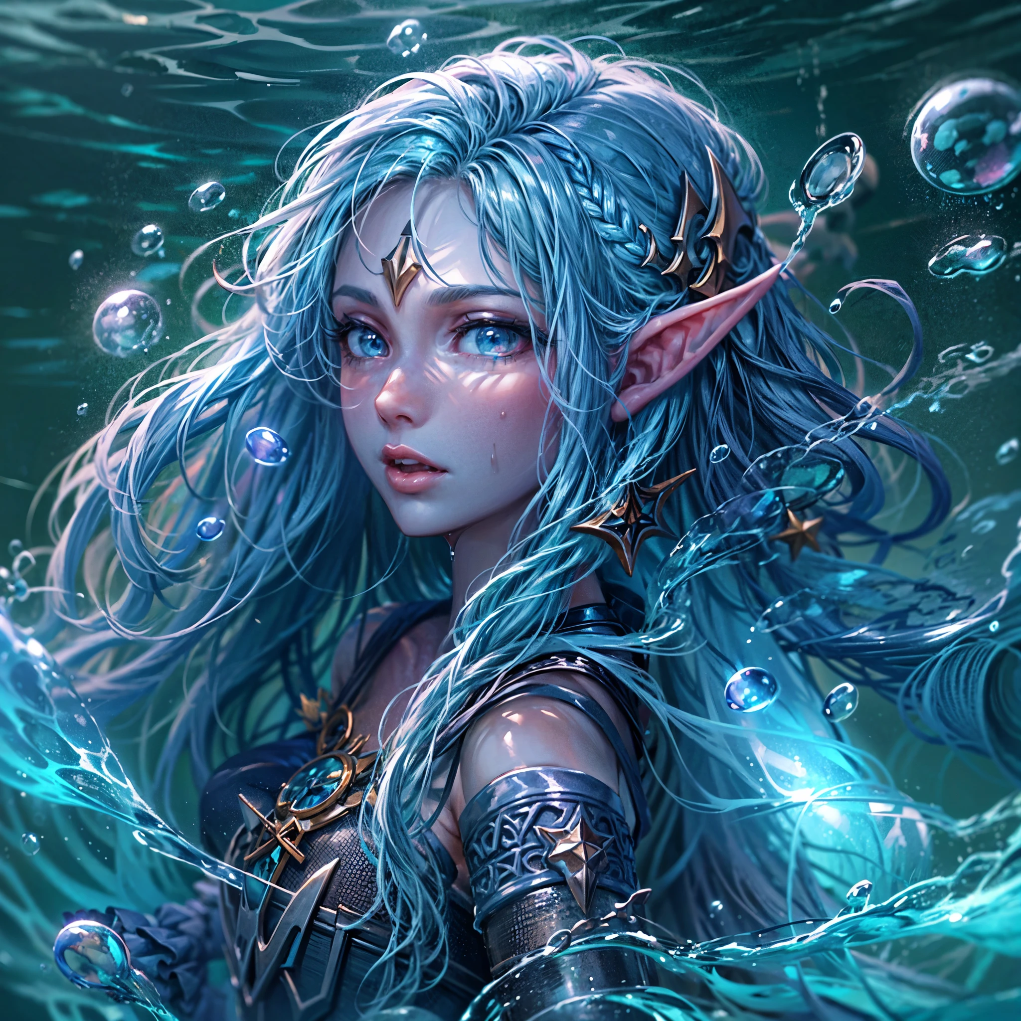 high details, best quality, 16k, [ultra detailed], masterpiece, best quality, (extremely detailed), dynamic angle, ultra wide shot, RAW, photorealistic, fantasy art, dnd art, rpg art, realistic art, an ultra wide picture of a sea elf (1.5 intricate details, Masterpiece, best quality) water mage casting ((water control spell)), water wizard ((water magic, intense magic details)), ((controlling a swirling mass of water)), magical symbols GlowingRunes_pink, female sea elf, blue skin, green hair, long hair, swirling hair, intense eyes, small pointed ears, ((blue eyes)), ((glowing eyes)), armed with magical wand, wearing sea shell clothing, beautiful elf, underwater background, rich underwater life, ((magical atmosphere)), fish and sea weeds, high details, best quality, highres, ultra wide angle