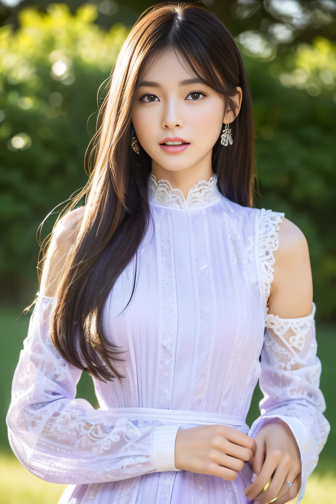 High resolution, realistic, very delicate and beautiful, very detailed, finely, super detailed, (highest quality, 8K, 32K, masterpiece, UHD:1.2), Photo of a beautiful Japanese model in her 20s wearing a white long dress, (Purple pattern, long sleeve, Wide cuffs:1.4), Dancing in the steppe, beautiful and detailed face, Beautiful clear long eyes, delicate figure, medium straight hair, (skinny, slim, slender and delicate body), upper teeth,
