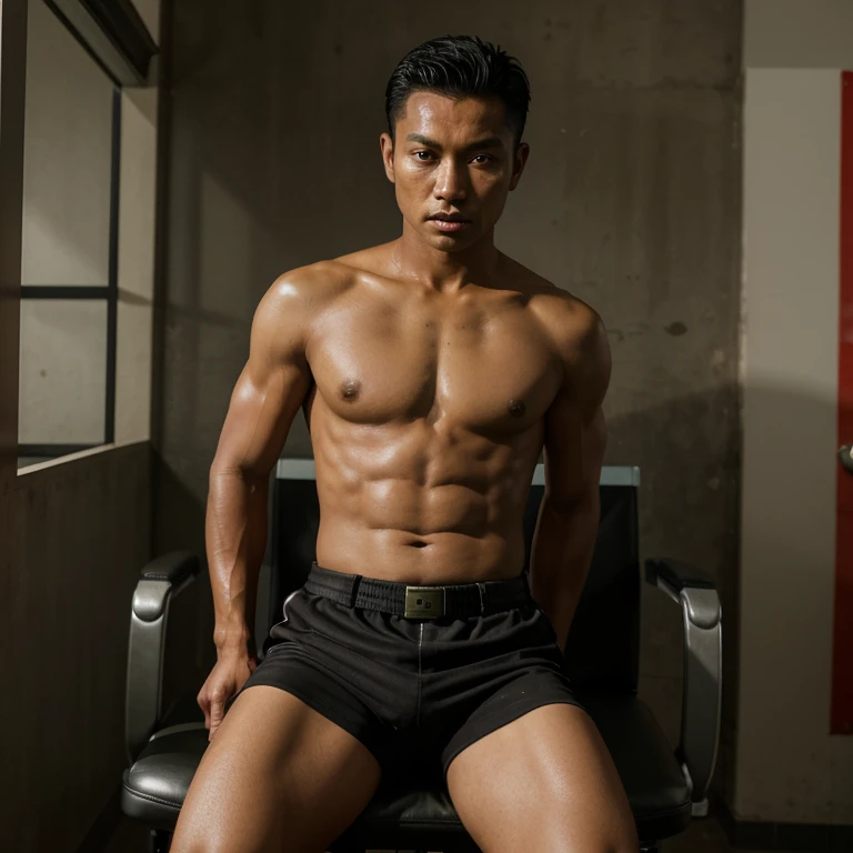 Hyperrealistic pictures of a handsome Indonesian soccer One soccer is standing and shirtless . The policeman lies on a doctor's chair. His hands and body are attached to the chair with buckles. They're eyes glowing red with spirals inside the pupils. With brainwash cable for mind controlling him like a zombie slave