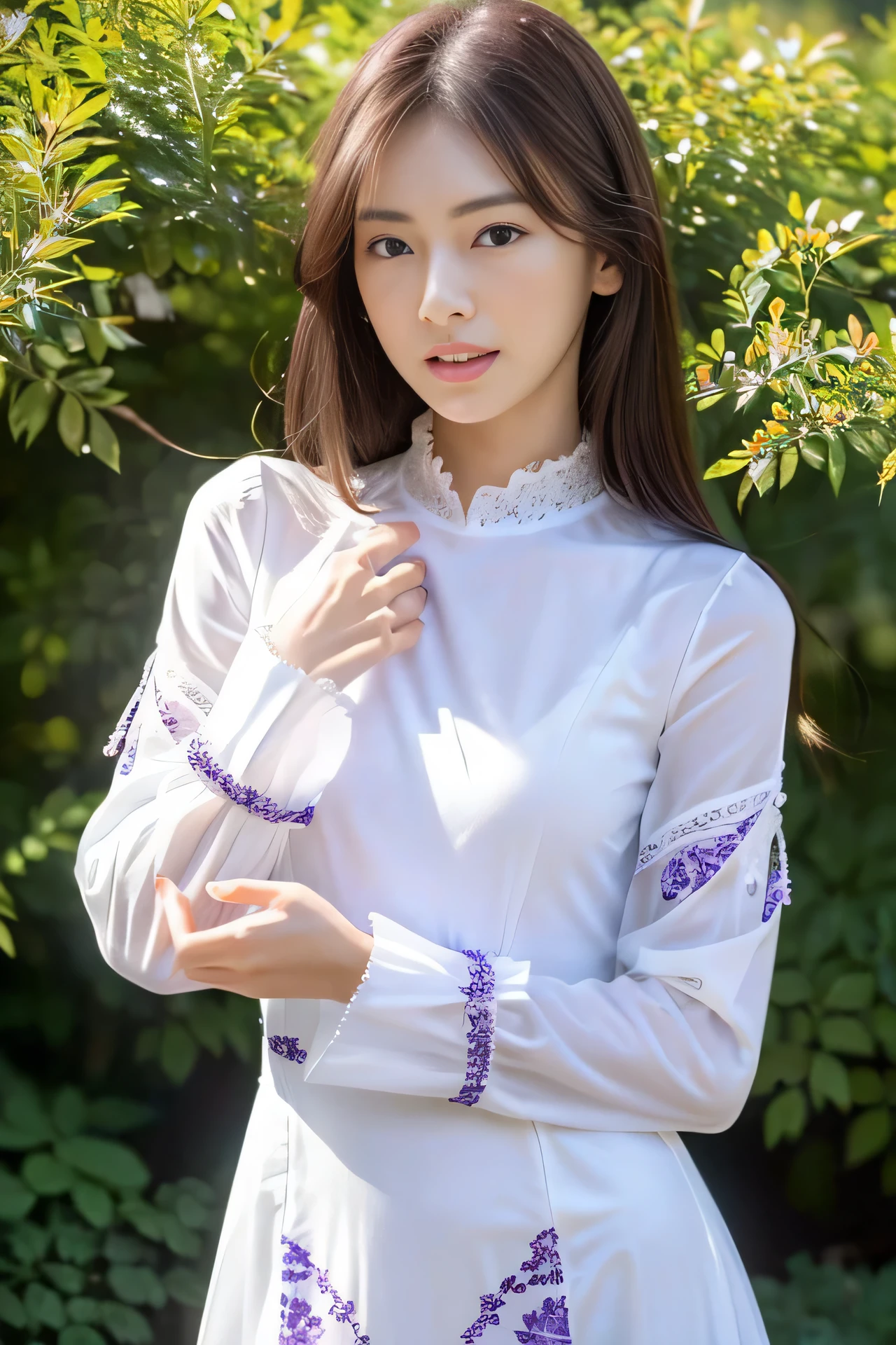 High resolution, realistic, very delicate and beautiful, very detailed, finely, super detailed, (highest quality, 8K, 32K, masterpiece, UHD:1.2), Photo of a beautiful Japanese model in her 20s wearing a white long dress, (Purple pattern, long sleeve, Wide cuffs:1.4), Dancing in the steppe, beautiful and detailed face, Beautiful clear long eyes, delicate figure, medium straight hair, (skinny, slim, slender and delicate body), upper teeth,