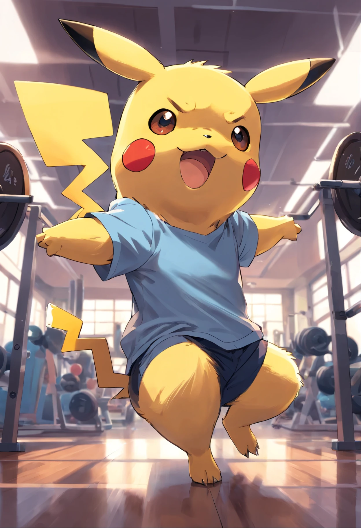 (T-shirt illustration of muscular Pikachu exercising vigorously in the gym)