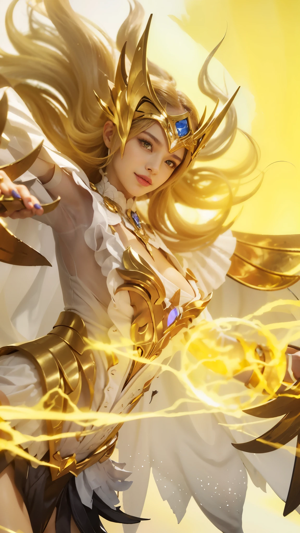 (female:1.2), 8k, ultra hd, ultra detailed texture, hyper realistic, masterpiece, detailed texture, detailed face, detailed skin, detailed lighting, (photorealistic:1.5), best quality, beautiful lighting, cinematic lighting, professional lighting, ultra highres, realistic, detailed hair, real hair, high quality, (realskin:1.5), extremely detailed, finely detail, ultra-detailed, 1girl, solo, flying, (yellow eyes:1.5), v-shaped eyebrow, lips, parted lips, smile, teeth, white skin, nose, pretty, beautiful, make up, cute face, long hair, yellow hair, ponytail, large breasts, cleavage, pauldrons, gauntlets, purple bodysuit, Long sleeve, armor shoulder, sword, holding sword, dual wielding, planted sword,  \(mobile legends\), depth of field, looking aways, skin tight, amazing pose, glowing, cloud, sky, condensation trail, outdoors, blurry background