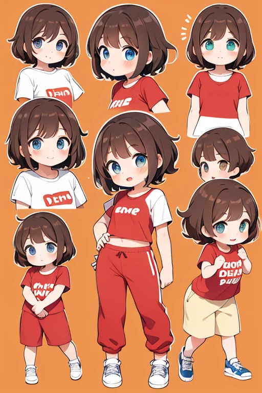 six character sheet, different angles and postures, different face expressions, an 8--old l, curly light brown hair, amber eyes, freckles, wearing a red t-shirt and blue pants, white sneakers, full body