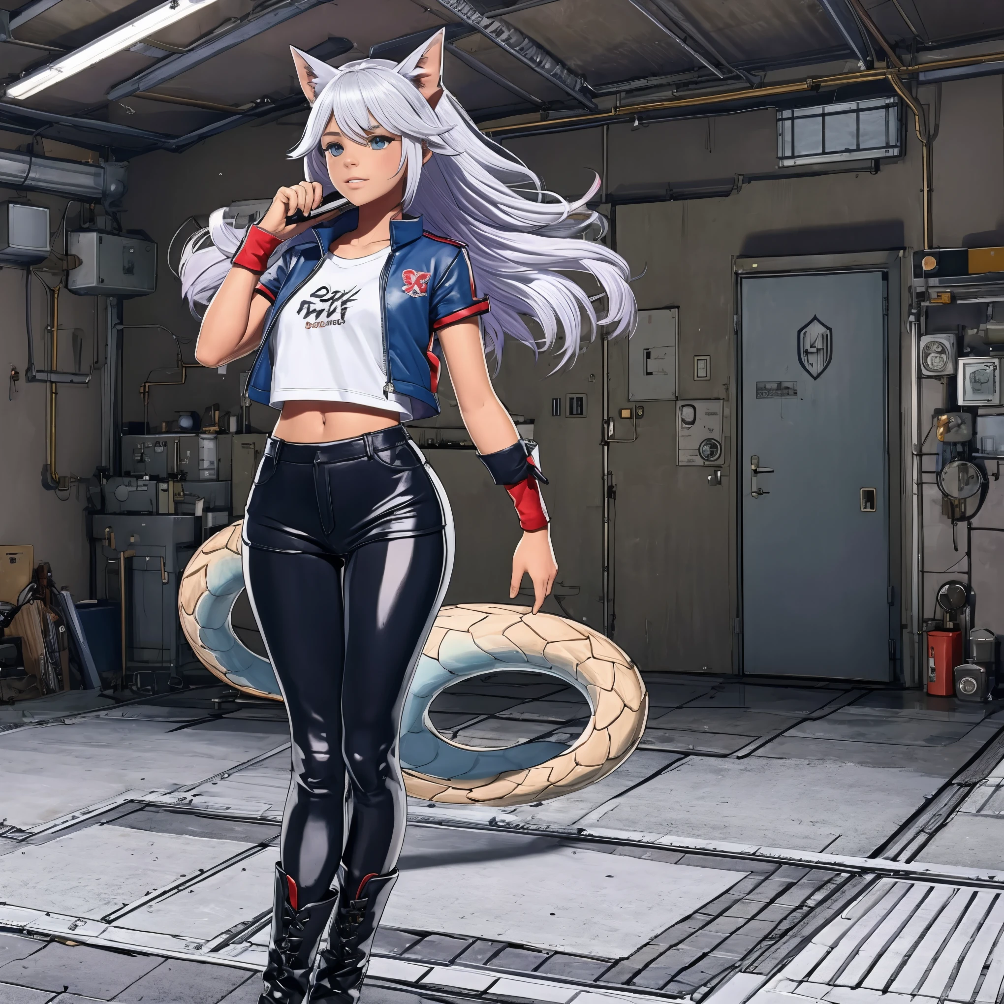 masterpiece, shoulder length white hair, female,2 white fox ears, age girl, slim body,white scale dragon tail, military boots,black leggings, dark blue skirt, white T-shirt, white jacket, medium size chest, detailed blue eyes,solo female,1 dragon tail, tomboyish, thick dragon tail, white scales, 2 dragon wings, white fluffy wings