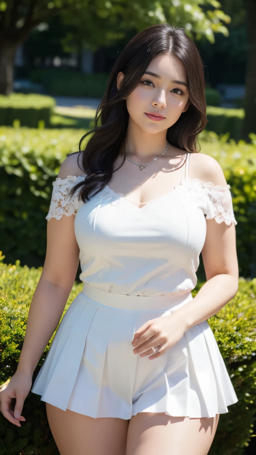 (photorealistic:1.4), (masterpiece, 8k raw photo, best quality:1.4), a woman, 25 years old, beautiful face, pudgy cheeks, (curvy thighs:1.4), white pale skin, long wavy cascading hair, black hair, short sleeve lace blouses o-neck, pleated thight mini skirt, diamond necklace, seductive smile, standing, closed mouth, lens flare, meadow, garden, cool tone, depth of field