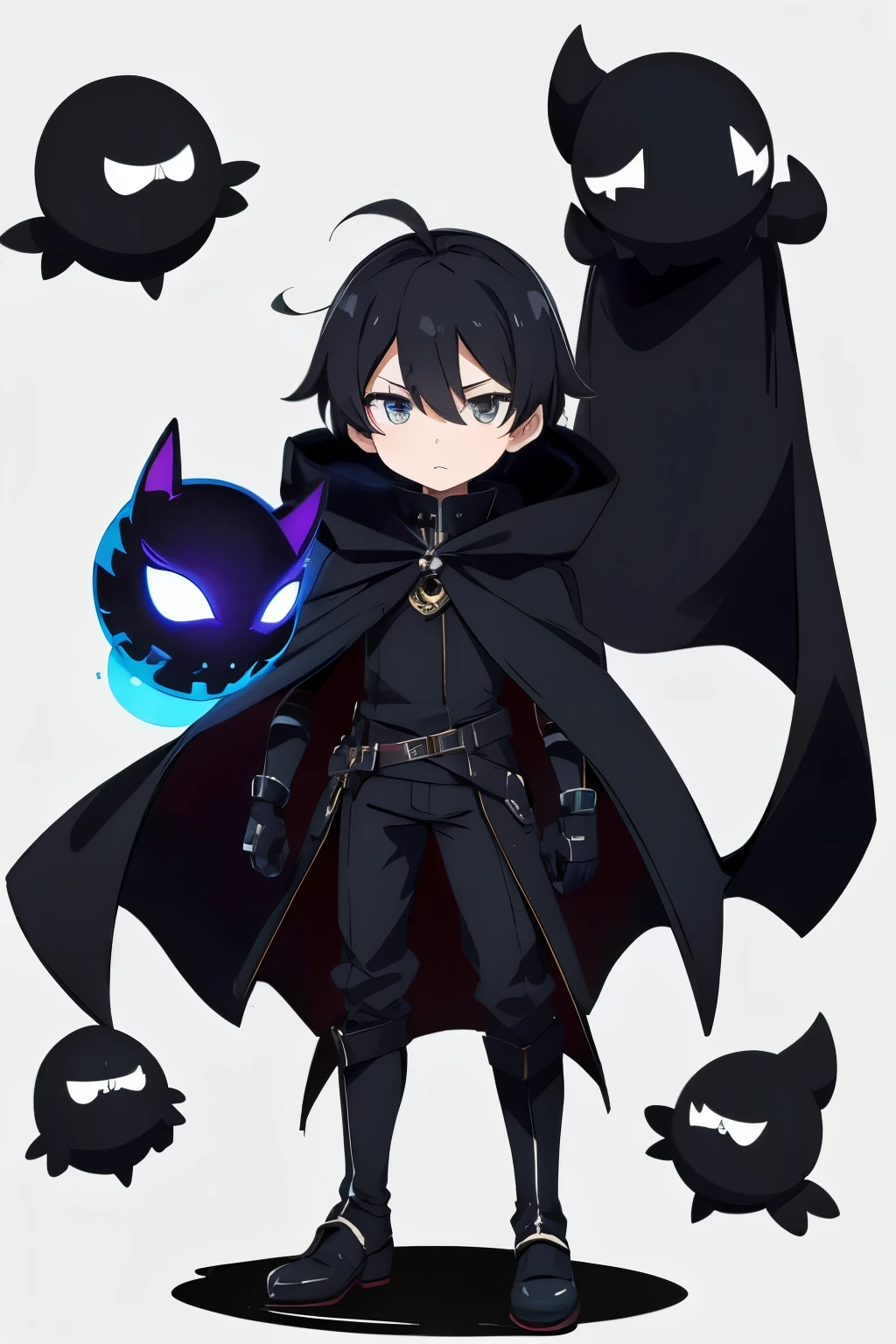 2d game character, multiple poses, full body, complete white background, tiny character, , chibi, wearing a black cape,a sprite sheet, an image of a boy with black coat wearing mask, short boy, black hair, good illustration, hollow knight inspired art