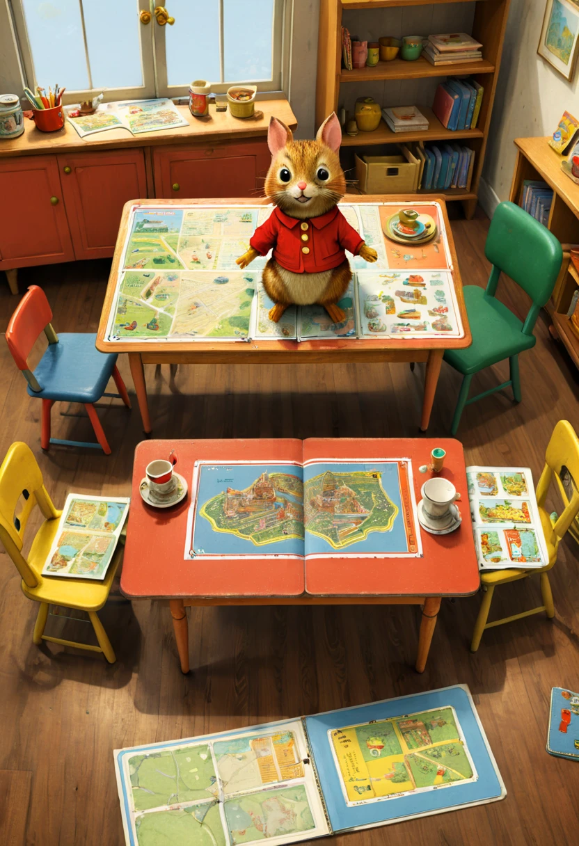 map on the table, by Richard Scarry, best quality, masterpiece, 8k