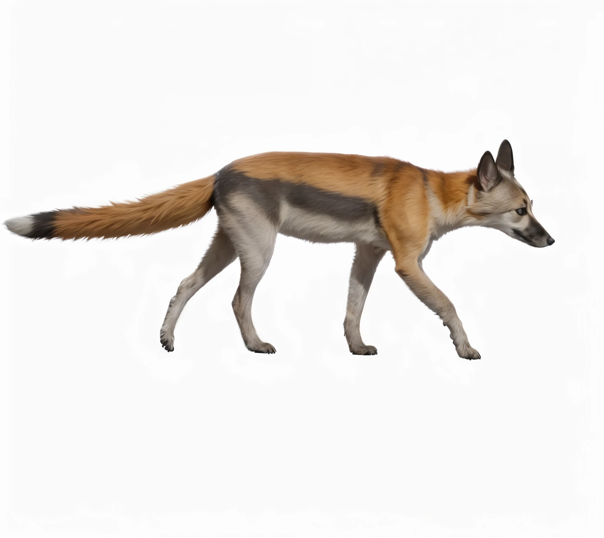 Hyper-realistic photograph, striped dog-like animal, walking, 100% white background