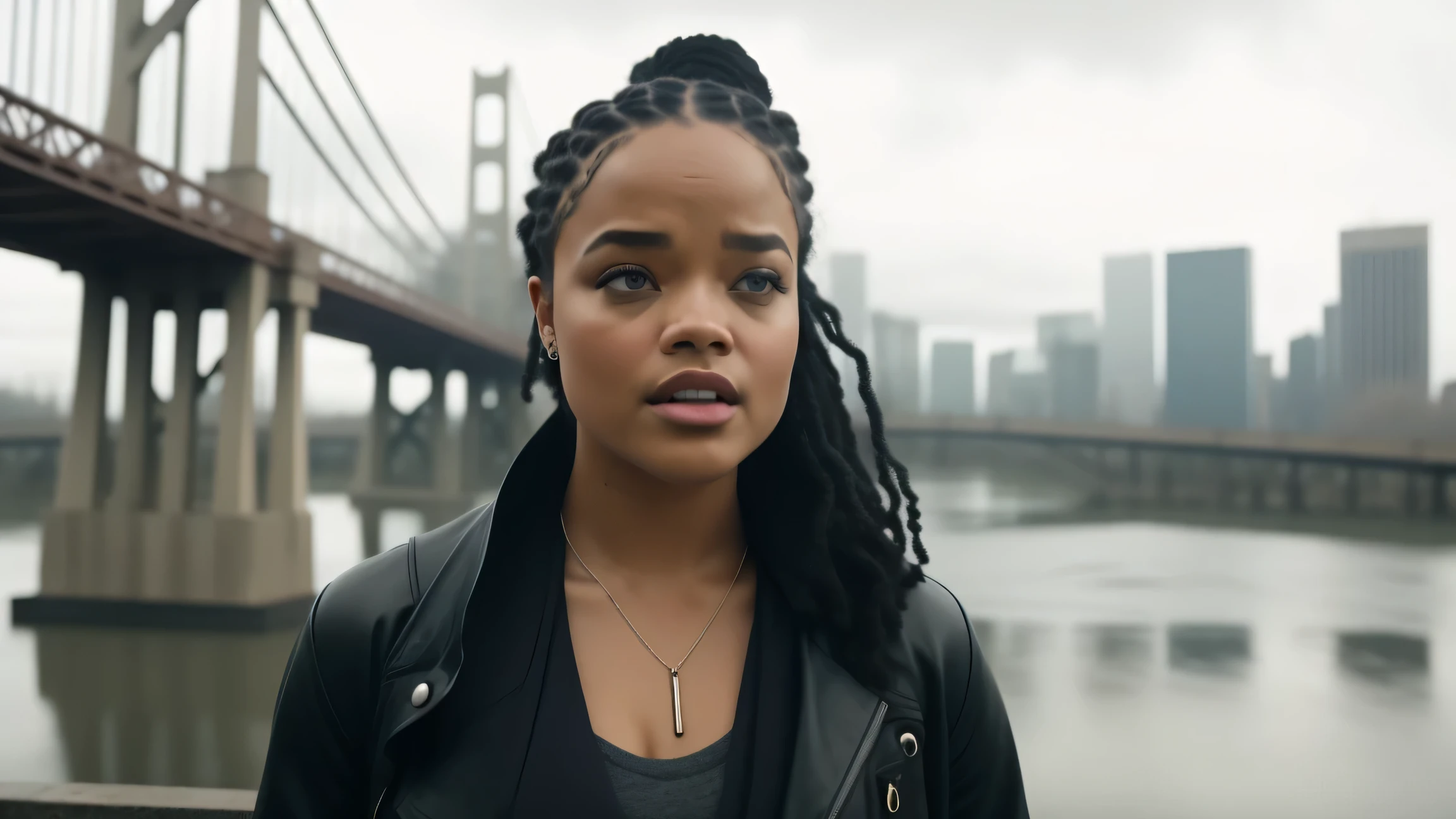 woman talking on a cell phone in front of a bridge, in this ominous scene, full color still, noire moody scene, screenshot from a movie, movie screencap, tessa thompson, amanda clarke, still image from tv series, shot from movie, skilled, motivational, tessa thompson inspired, trailer, alana fletcher, adi meyers
