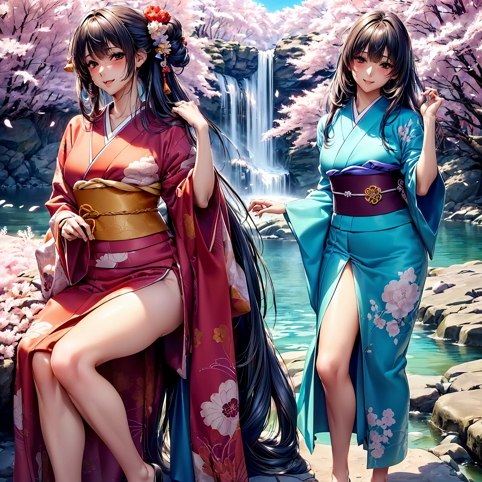 (((highest quality,masterpiece,very high resolution,Super high quality,perfect pixel))), (((A beautiful woman with exquisite beauty:1 person,perfect body,beautiful face, cute face、beautiful outline、smile, blush、open your mouth))),((long hair, neat bangs, beautiful hair texture)),((Beautiful slit eyes,beautiful eyes,strong-willed eyes, beautiful eyelashes, realistic eyes)), ((Beautiful body with beautiful breasts and beautiful legs,Beautiful skin texture)),((Beautiful Japan kimono:Japanese patterns and colors,Japanese decoration,Japanese hair)),(Beautiful waterfront,There is a waterfall,Night cherry blossoms and starry sky, Cherry blossoms fall,the wind is blowing,beautiful scenery), (Pause), (realistic skin texture,realistic texture,Lifelike textures,RAW photo,Anime CG style, Bright colors,Beautiful colors)(whole body,I can see my thighs,accurate anatomy、highly detailed images、accurate image、perfect image,Image without defects、natural soft light、beautiful images:1.5)、beautiful anime woman, beautiful art style, anime character、(Best Shot 1.5)