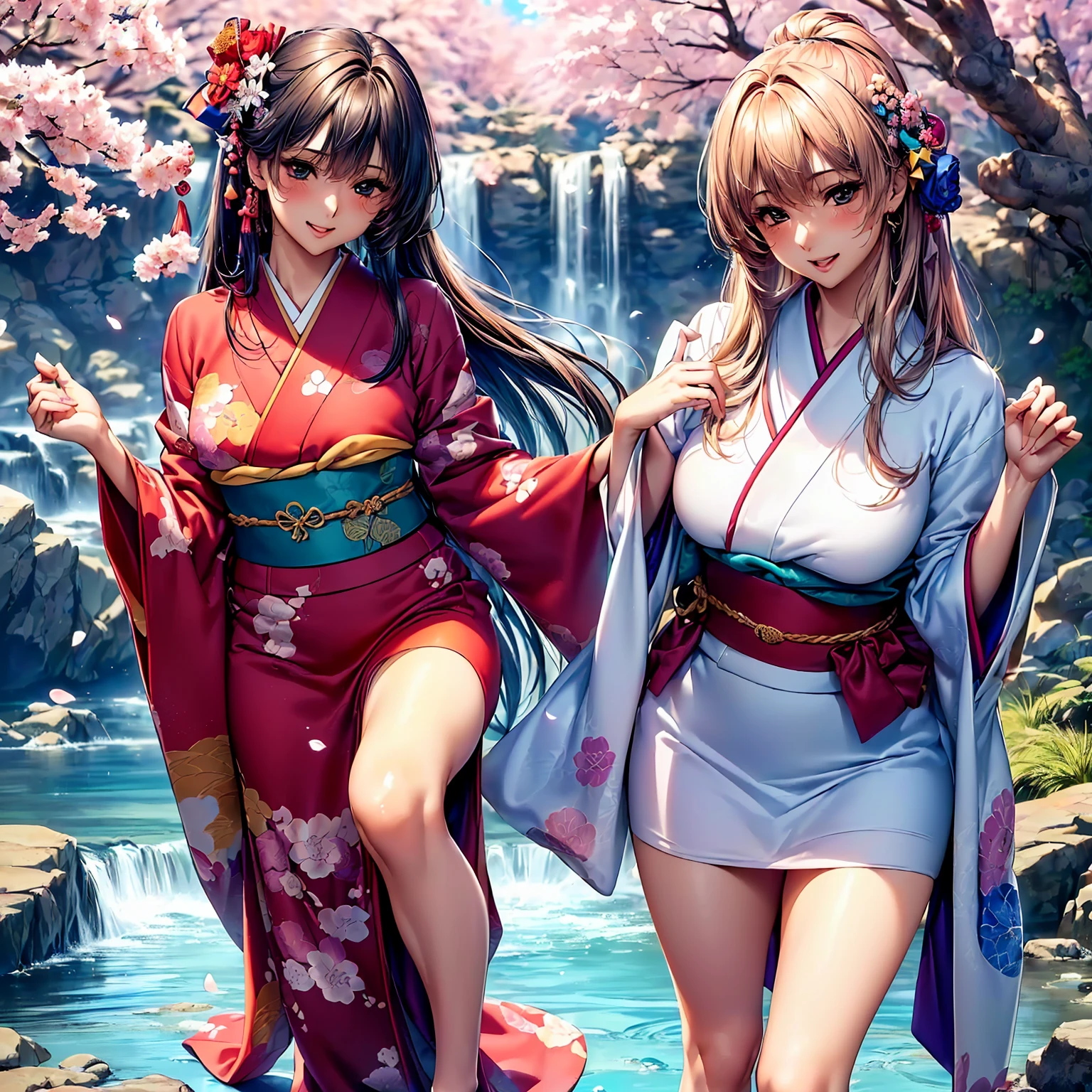 (((highest quality,masterpiece,very high resolution,Super high quality,perfect pixel))), (((A beautiful woman with exquisite beauty:1 person,perfect body,beautiful face, cute face、beautiful outline、smile, blush、open your mouth))),((long hair, neat bangs, beautiful hair texture)),((Beautiful slit eyes,beautiful eyes,strong-willed eyes, beautiful eyelashes, realistic eyes)), ((Beautiful body with beautiful breasts and beautiful legs,Beautiful skin texture)),((Beautiful Japan kimono:Japanese patterns and colors,Japanese decoration,Japanese hair)),(Beautiful waterfront,There is a waterfall,Night cherry blossoms and starry sky, Cherry blossoms fall,the wind is blowing,beautiful scenery), (Pause), (realistic skin texture,realistic texture,Lifelike textures,RAW photo,Anime CG style, Bright colors,Beautiful colors)(whole body,I can see my thighs,accurate anatomy、highly detailed images、accurate image、perfect image,Image without defects、natural soft light、beautiful images:1.5)、beautiful anime woman, beautiful art style, anime character、(Best Shot 1.5)