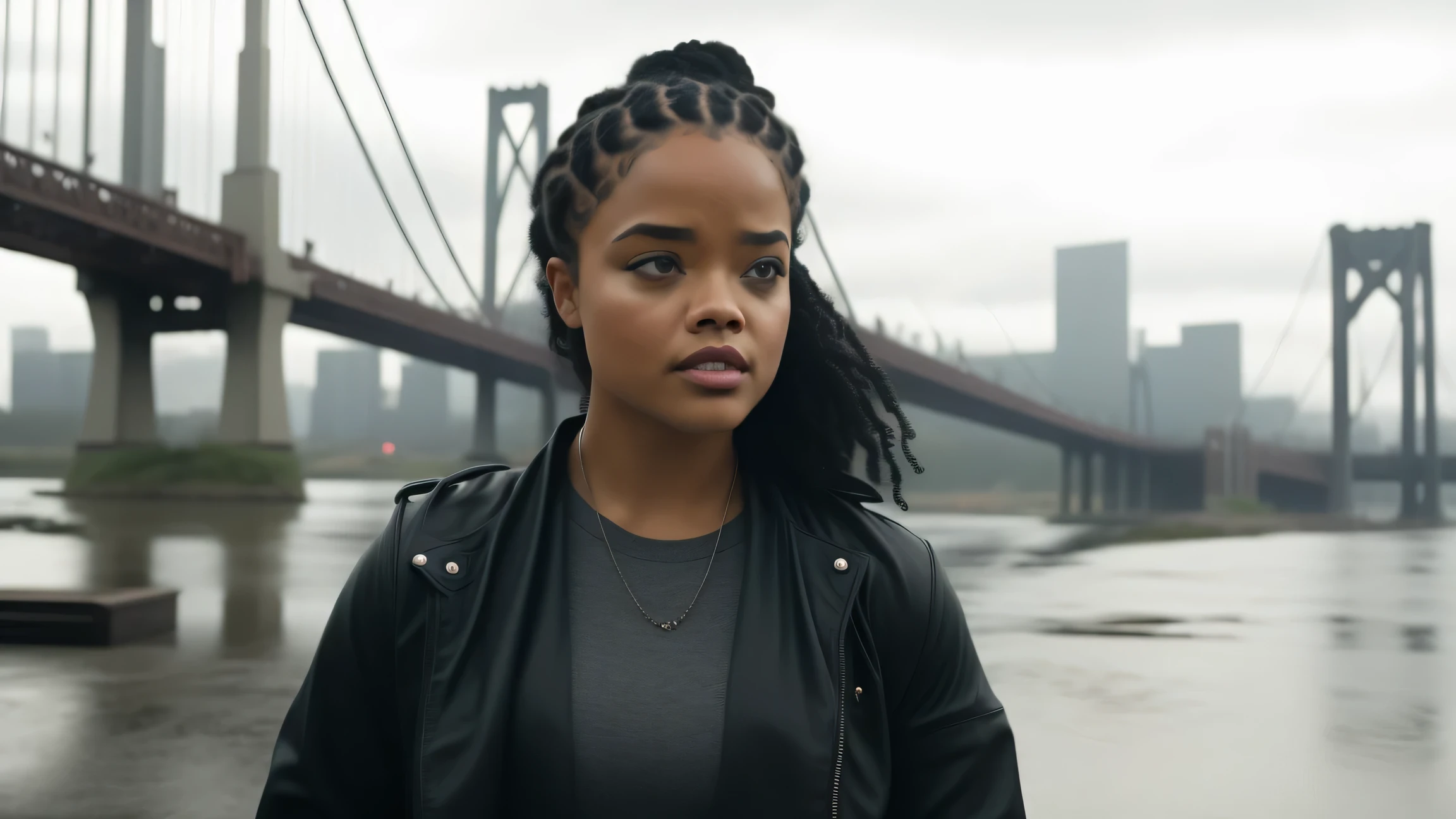 woman talking on a cell phone in front of a bridge, in this ominous scene, full color still, noire moody scene, screenshot from a movie, movie screencap, tessa thompson, amanda clarke, still image from tv series, shot from movie, skilled, motivational, tessa thompson inspired, trailer, alana fletcher, adi meyers