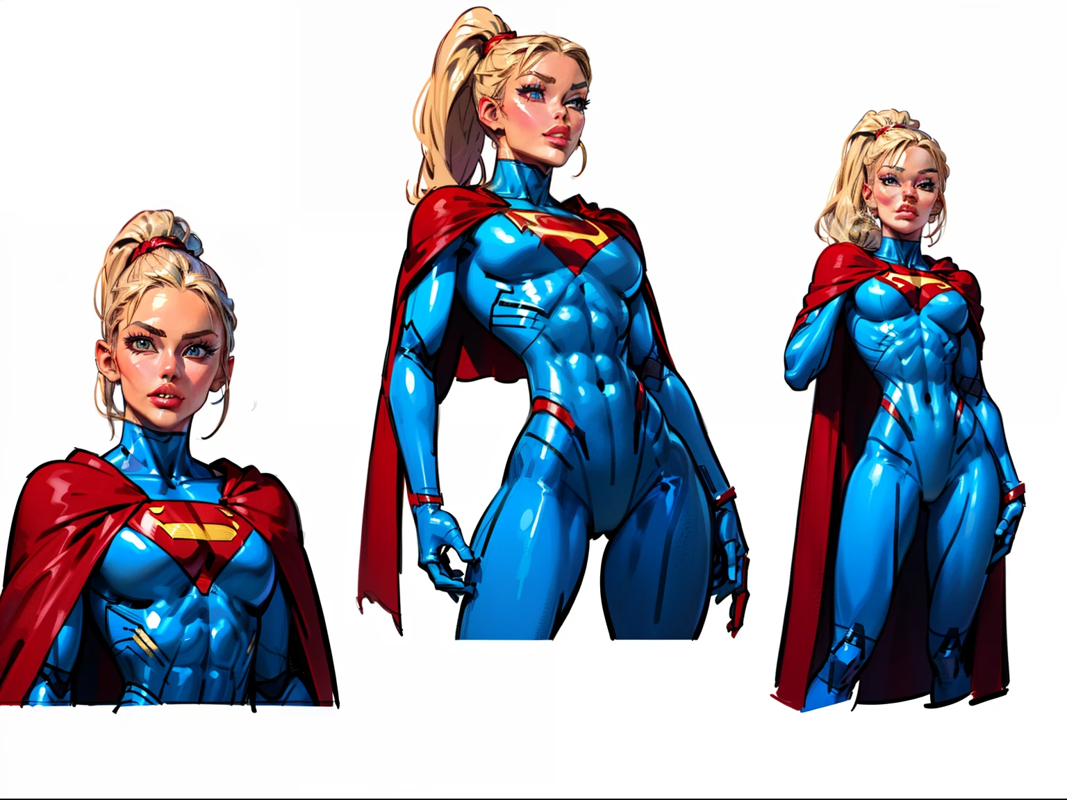 ((masterpiece)),(((best quality))),((character design sheet)), ((full body view)) illustration,1girl, muscular, ((blue bodysuit:1.5)), superhero, (blonde ponytail:1.4), (red cape:1.4) ((detailed face:1.4)) ((slendered abs:1.4)), red gloves, red boots, ((flat chest)), beautiful woman, (red thighhighs:1.3)shiny skin, (gold emblem on chest:1.2),scribbles and marks, (puffy lips:1.5), rough sketches, pose, 8k,16k, (simple background, white background: 1.3)