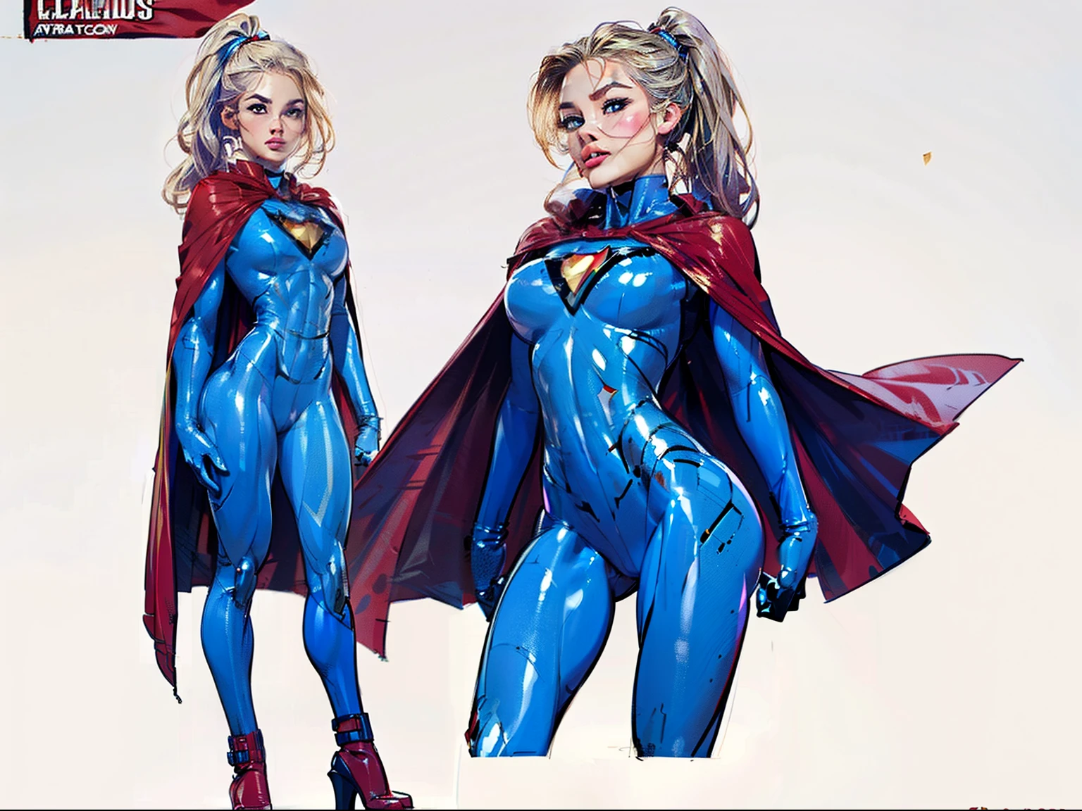 ((masterpiece)),(((best quality))),((character design sheet)), ((full body view)) illustration,1girl, muscular, ((blue bodysuit:1.5)), superhero, (blonde ponytail:1.4), (red cape:1.4) ((detailed face:1.4)) ((slendered abs:1.4)), red gloves, red boots, ((flat chest)), beautiful woman, (red thighhighs:1.3)shiny skin, (gold emblem on chest:1.2),scribbles and marks, (puffy lips:1.5), rough sketches, pose, 8k,16k, (simple background, white background: 1.3)