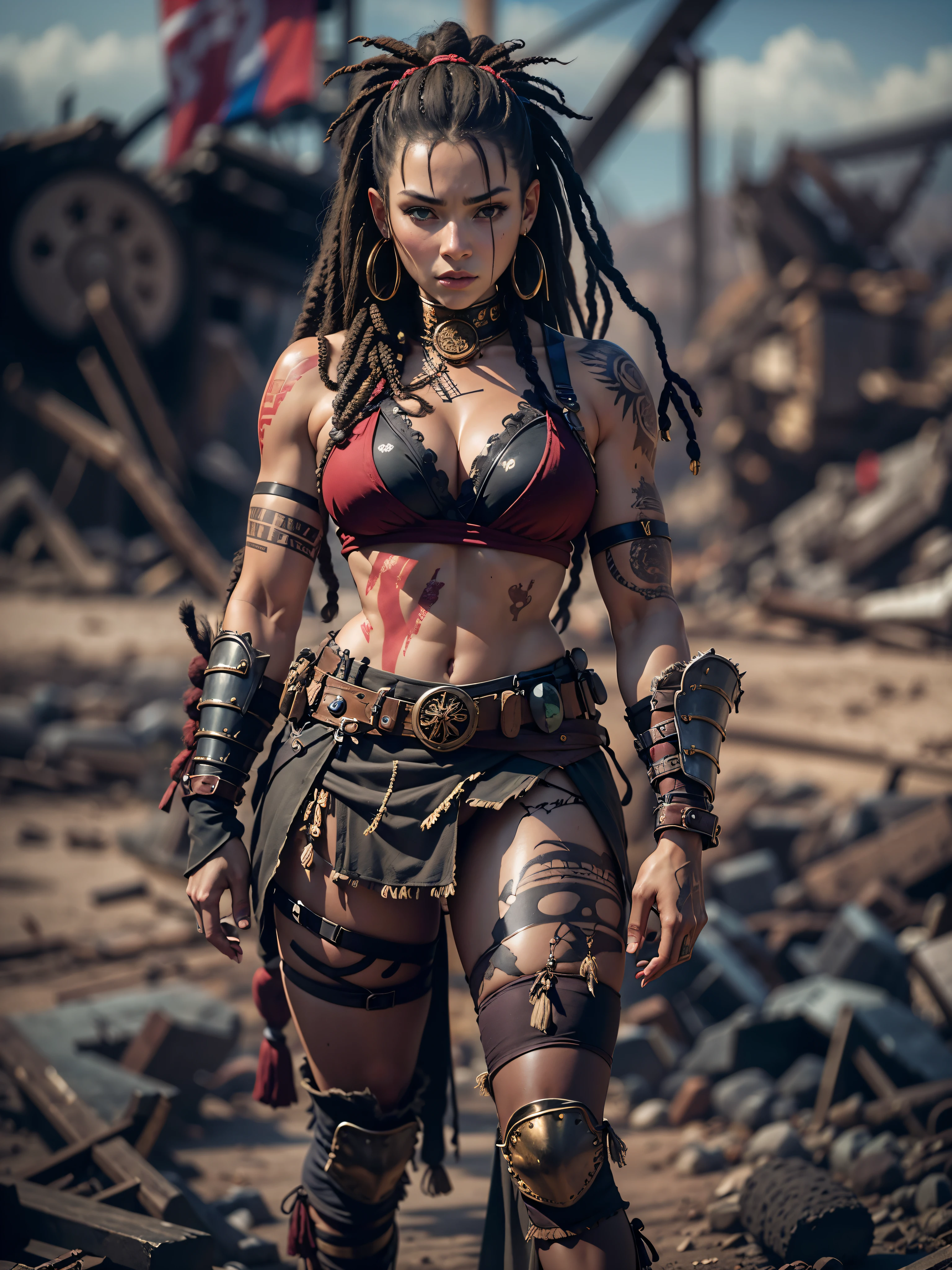 A pretty young woman with big ones, firm breasts, schlanke Taille, wide hips, Starke Oberschenkel, Beefier, fester Hintern, Nordamerikanischer Typ, in einer Welt nach einer nuklearen Apokalypse, eine Kriegerin mit schwarzen wilden Dreadlocks, Armor made from fur and scrap metal, Stammes-Tattoos, Narben, Blut, Eine Szene aus einem Actionfilm, Eine Kampfhaltung, eine spannende filmische Perspektive, Ruinen, filmische Beleuchtung, kunstvolle Details, selektiver Fokus auf ihr Gesicht