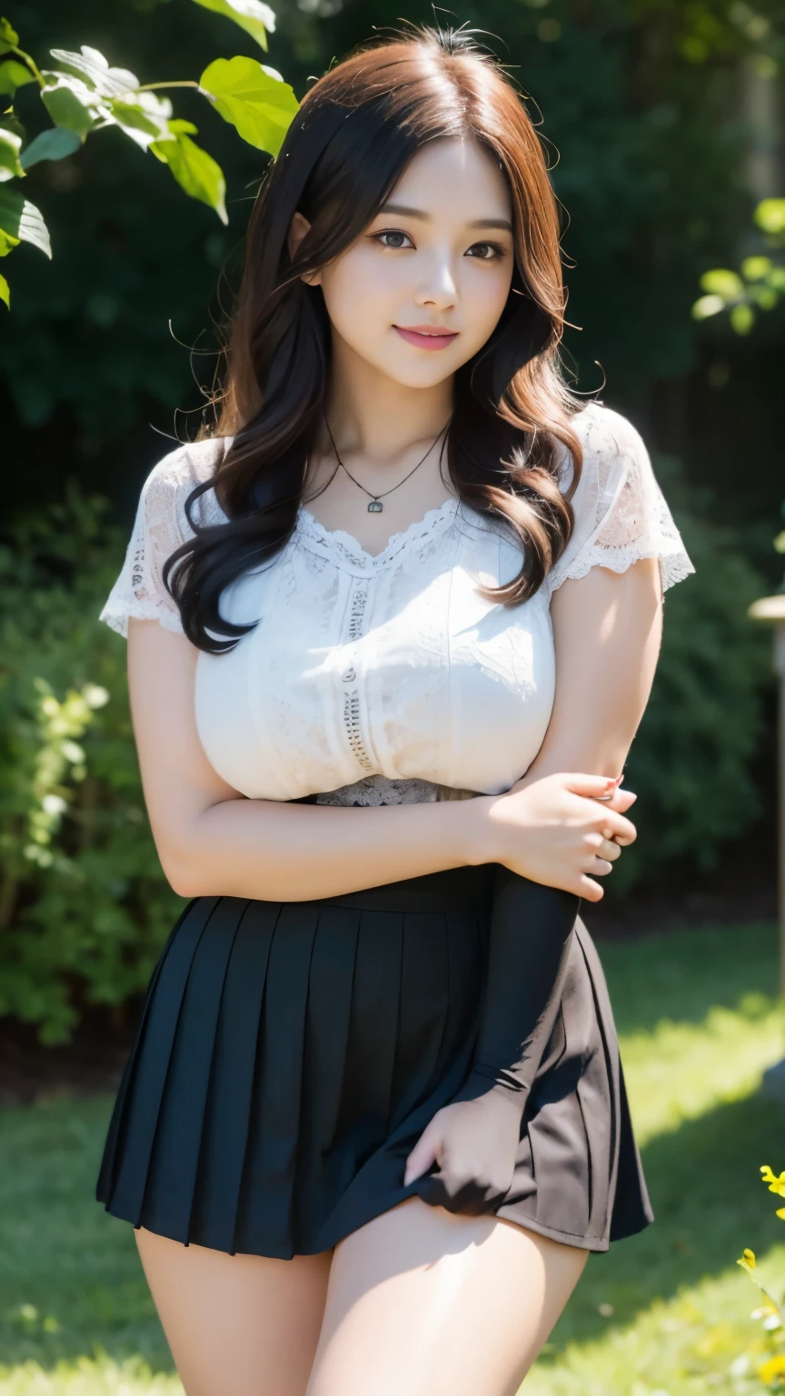(photorealistic:1.4), (masterpiece, 8k raw photo, best quality:1.4), a woman, 25 years old, beautiful face, pudgy cheeks, (curvy thighs:1.4), white pale skin, long wavy cascading hair, black hair, short sleeve lace blouses v-neck, pleated mini skirt, diamond necklace, seductive smile, standing, closed mouth, lens flare, meadow, garden, cool tone, depth of field