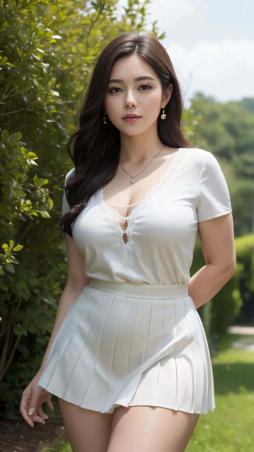 (photorealistic:1.4), (masterpiece, 8k raw photo, best quality:1.4), a woman, 25 years old, beautiful face, pudgy cheeks, (curvy thighs:1.4), white pale skin, long wavy cascading hair, black hair, short sleeve lace blouses v-neck, pleated mini skirt, diamond necklace, seductive smile, standing, closed mouth, lens flare, meadow, garden, cool tone, depth of field