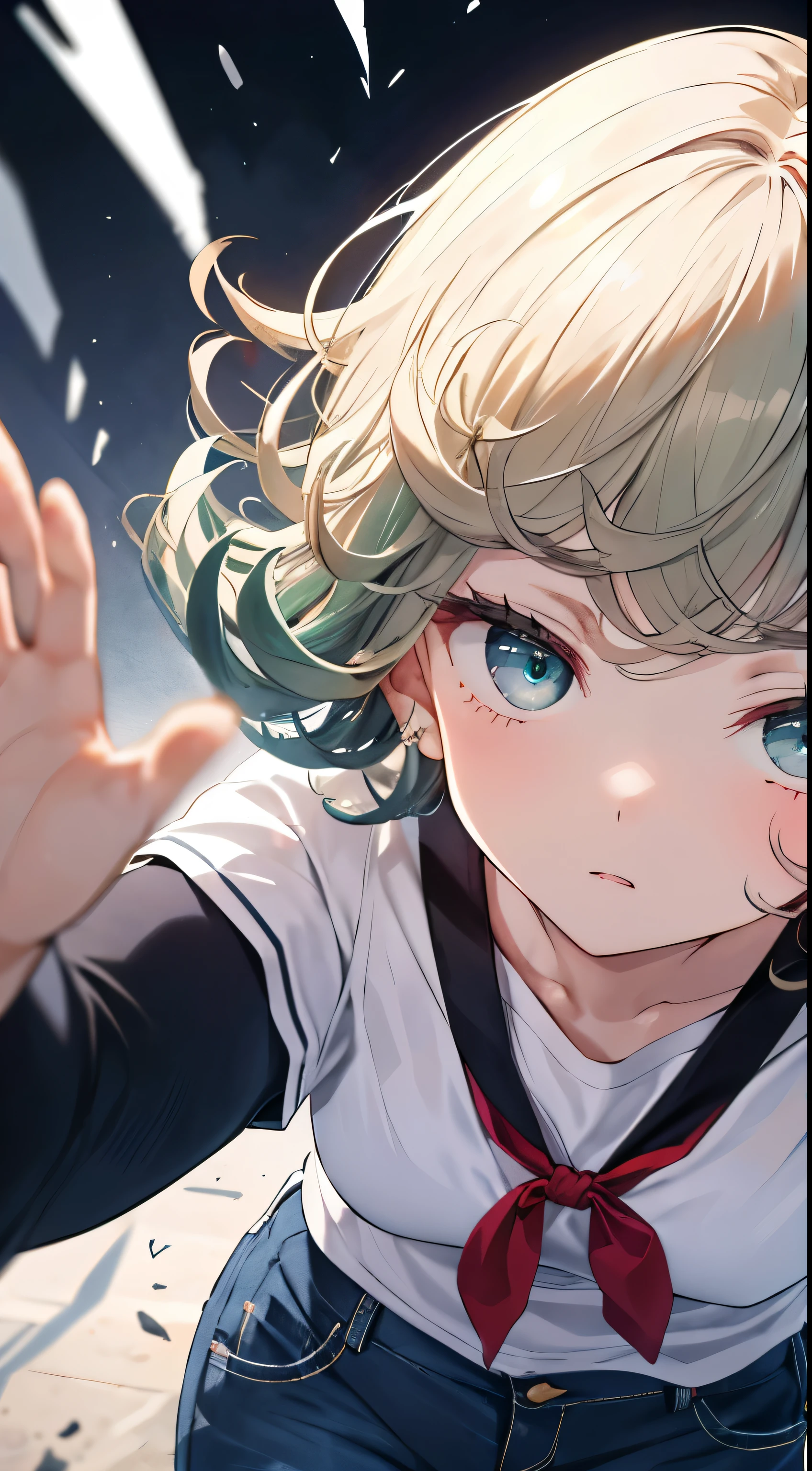 tatsumaki,An exquisite masterpiece,Best quality,Illustration style,Beautiful eyes,夏天,The white short-sleeved hem is blown by the wind,denim pant,small ,Heartwarming,Young and beautiful,heroic look,Black and white combination,Presents a natural casual style。Dynamic positions have a gold part,Large aperture portrait,Screen whitening,strong contrast of light and shadow,the texture is super strong,the picture is super clear and concise,Extremely beautiful,The temperament is elegant,Delicate facial expressions