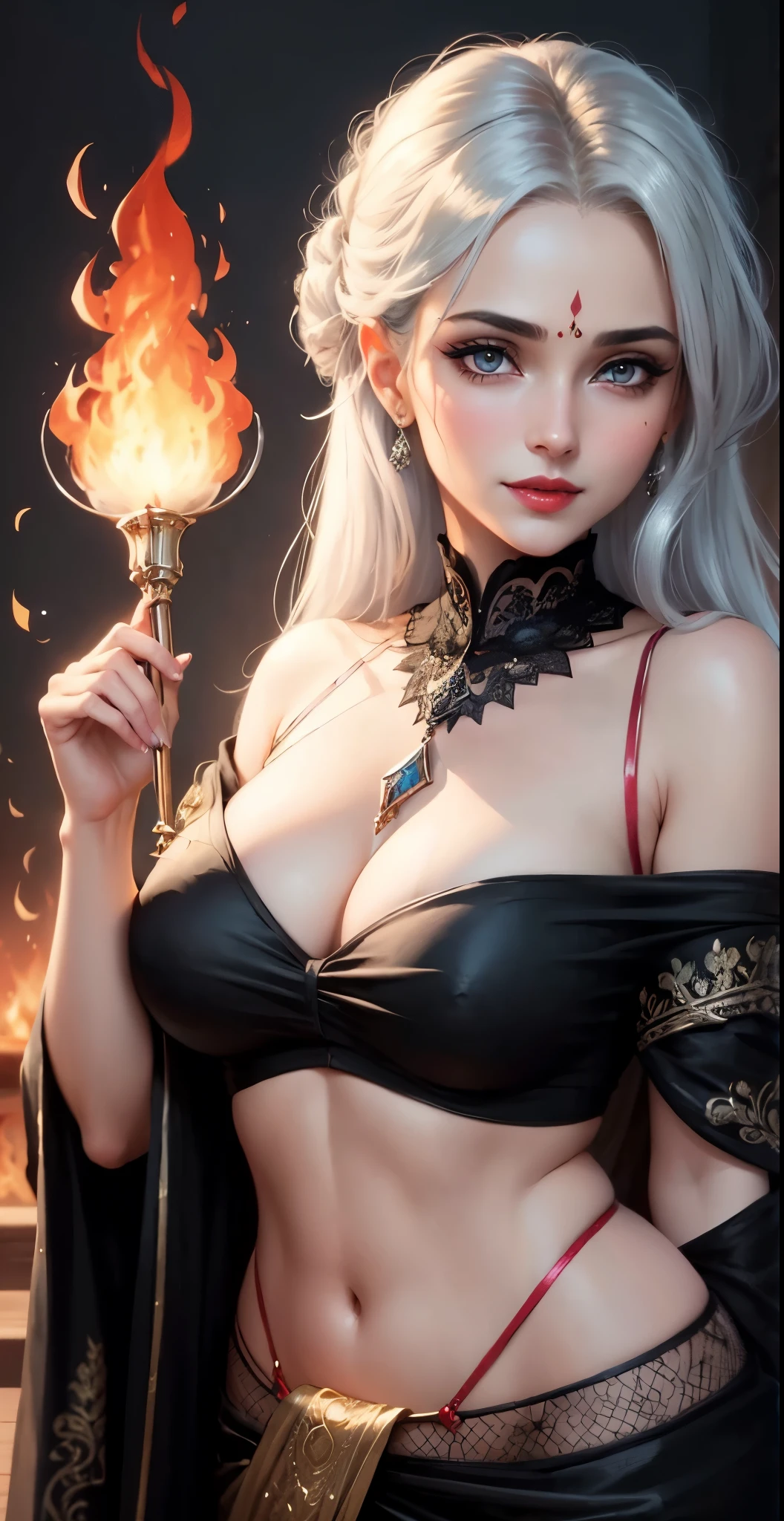 high quality, 8K Ultra HD, paintings with a Victoria Frances-like atmosphere, (holding  fire emblem in one hand), Detailed illustration of a fantastic beautiful witch, (beautiful face), (mature woman), perfect face, perfect eyes, perfect nose, perfect lips, paintings with a mysterious touch, awesome full color, little smile, (red lips), blush on face, (blush), ((silver eyes)), (((wearing a black saree))), ((red bindi))