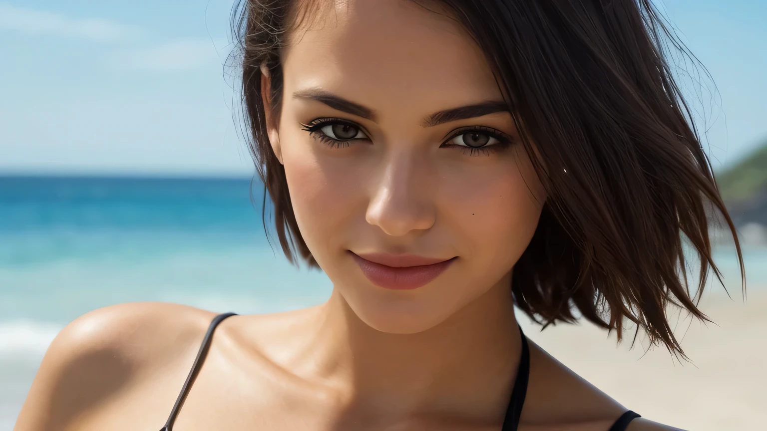 Bandeau Bikini, I can see the cleavage, 柔らかいbig breasts, smile, Beautiful European models, tropical beach, sunlight, 1 Girl with a beautiful face, Professional upper body photo shoot, (photo 4k:1.1) , (sharp focus:1.3), high detail, Instagram pattern pose, With confidence, slim girl, big breasts:1.3, perfect anatomy, perfect symmetry:1.3, realistic, realistic face:1.2, perfect face, content, With confidence, very detailed, and dramatic, cinematic lighting, lighting scene, soft light, short hair