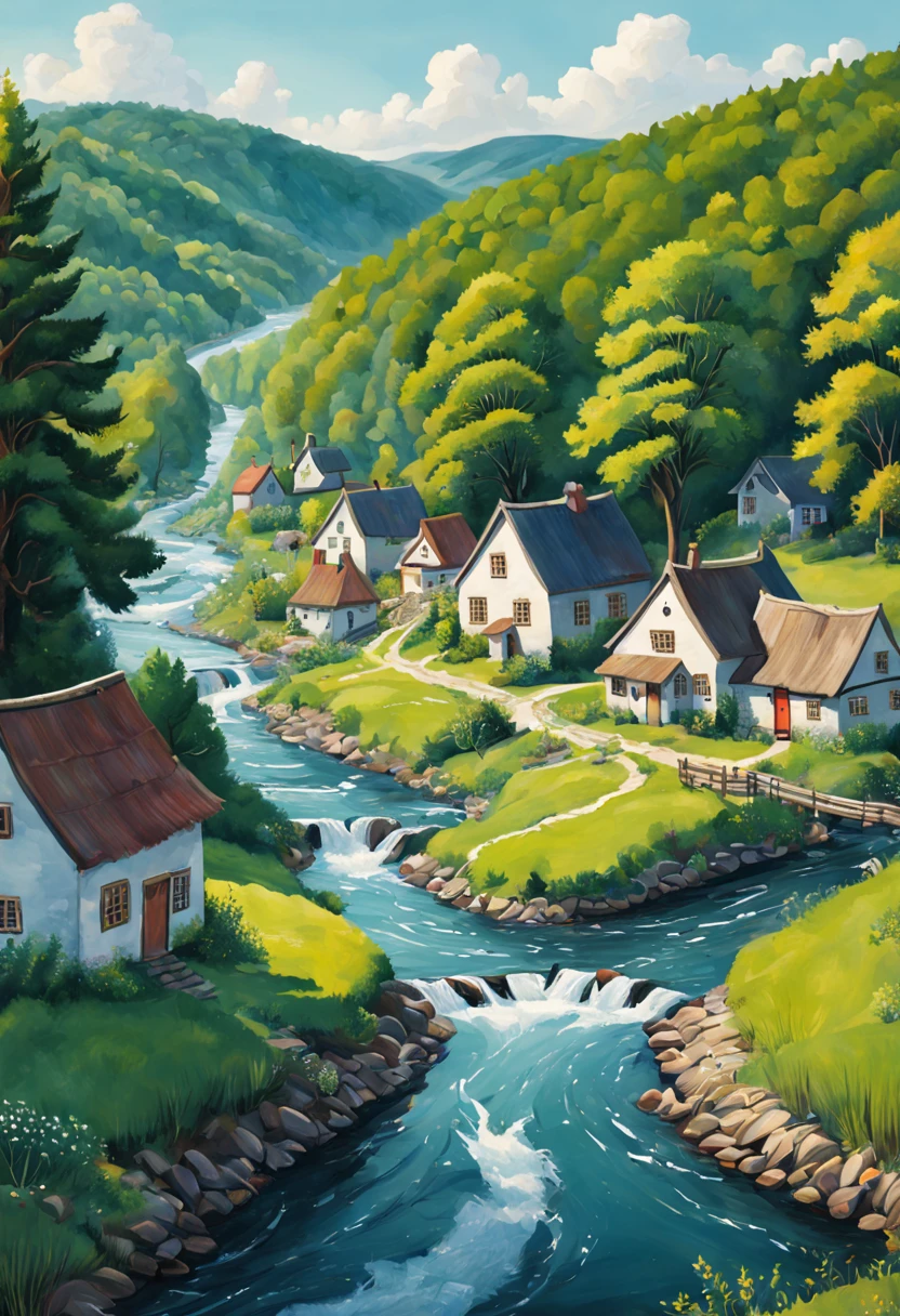 A painting of a village with a river and houses, a storybook illustration inspired by Grandma Moses, CG Society Competition Winners, simple art, Jane Nuland, 以异想天开的风格进行illustration, illustration精美, village in woods, landscape illustration, with trees and rivers, full page illustration, illustration!, cottage town, beautiful detailed illustration, the river is flowing