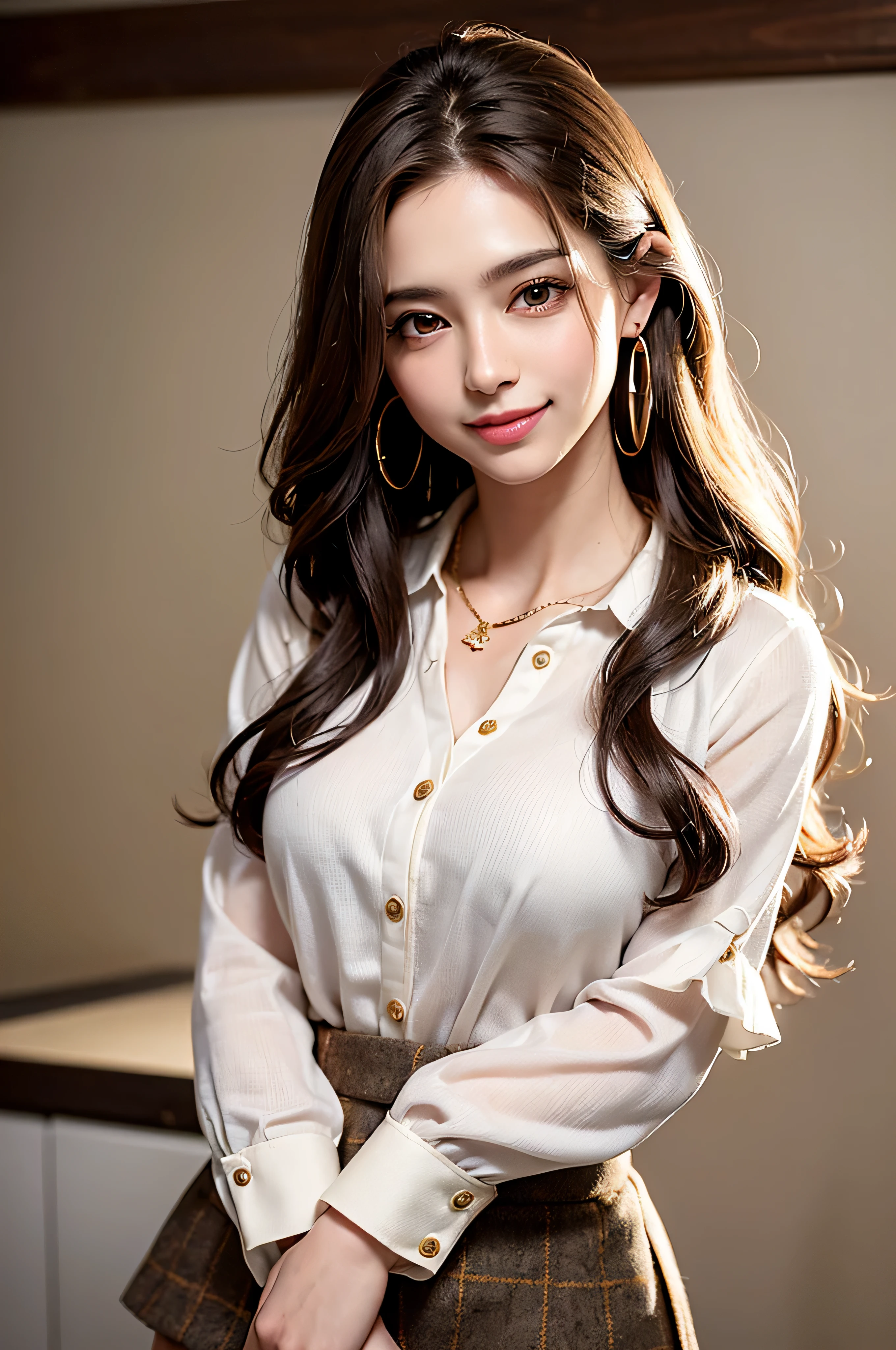 Hire、sunlight、Backlight、((cinematic light、ray tracing))、(masterpiece)、((Super fine))、(High-definition CG illustration)、(最high resolution:1.2)、(1girl:1.2)、high resolution、intricate details、Fine texture、high resolutionシャドウ、realistic expression of face、A delicate face with beautiful details、Delicate eyes with beautiful details、brown pupils、((Super long brown hair:1.2))((Hair with loose waves inside:1.2)),((gold necklace＿Large earrings:1.2)),perfectly proportioned face、Depth of bounds written、far and near method、20th generation、glossy lips、 perfect body、medium breasted、distinct_image、(Beautiful eyes and detailed face with fine details)、light source contrast、21 years old、Tokyo cityscape、((simple white long sleeve button blouse_with collar_brown tweed miniskirt:1.3)),medium breasts、((shy smile:1.3)),