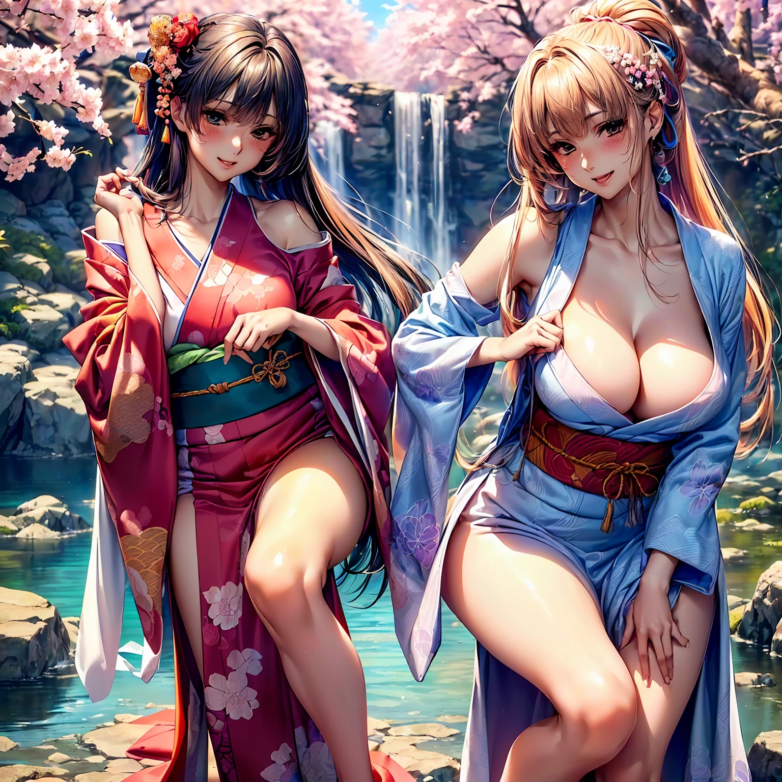 (((highest quality,masterpiece,very high resolution,Super high quality,perfect pixel))), (((A beautiful woman with exquisite beauty:1 person,perfect body,beautiful face, cute face、beautiful outline、smile, blush、open your mouth))),((long hair, neat bangs, beautiful hair texture)),((Beautiful slit eyes,beautiful eyes,strong-willed eyes, beautiful eyelashes, realistic eyes)), ((Beautiful body with beautiful breasts and beautiful legs,Beautiful skin texture)),((Beautiful Japan kimono:Japanese patterns and colors,Japanese decoration,Japanese hair,shoulders are exposed,I can see my thighs)),(Beautiful waterfront,There is a waterfall,Night cherry blossoms and starry sky, Cherry blossoms fall,the wind is blowing,beautiful scenery), (beautiful pose,beautiful posture), (realistic skin texture,realistic texture,Lifelike textures,RAW photo,Anime CG style, Bright colors,Beautiful colors)(whole body,I can see my thighs,accurate anatomy、highly detailed images、accurate image、perfect image,Image without defects、natural soft light、beautiful images:1.5)、beautiful anime woman, beautiful art style, anime character、(Best Shot 1.5)