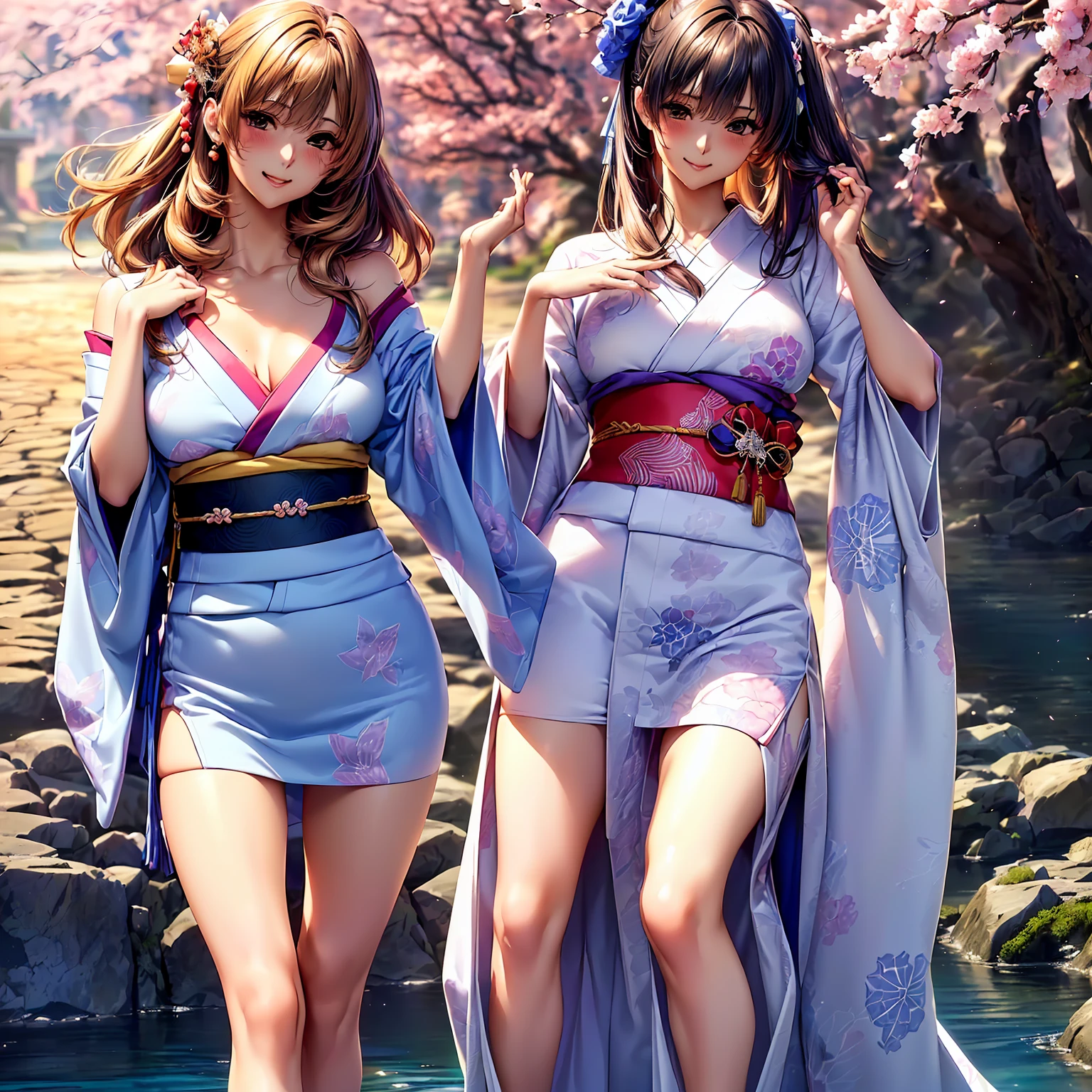 (((highest quality,masterpiece,very high resolution,Super high quality,perfect pixel))), (((A beautiful woman with exquisite beauty:1 person,perfect body,beautiful face, cute face、beautiful outline、smile, blush、open your mouth))),((long hair, neat bangs, beautiful hair texture)),((Beautiful slit eyes,beautiful eyes,strong-willed eyes, beautiful eyelashes, realistic eyes)), ((Beautiful body with beautiful breasts and beautiful legs,Beautiful skin texture)),((Beautiful Japan kimono:Japanese patterns and colors,Japanese decoration,Japanese hair,shoulders are exposed,I can see my thighs)),(Beautiful waterfront,There is a waterfall,Night cherry blossoms and starry sky, Cherry blossoms fall,the wind is blowing,beautiful scenery), (beautiful pose,beautiful posture), (realistic skin texture,realistic texture,Lifelike textures,RAW photo,Anime CG style, Bright colors,Beautiful colors)(whole body,I can see my thighs,accurate anatomy、highly detailed images、accurate image、perfect image,Image without defects、natural soft light、beautiful images:1.5)、beautiful anime woman, beautiful art style, anime character、(Best Shot 1.5)