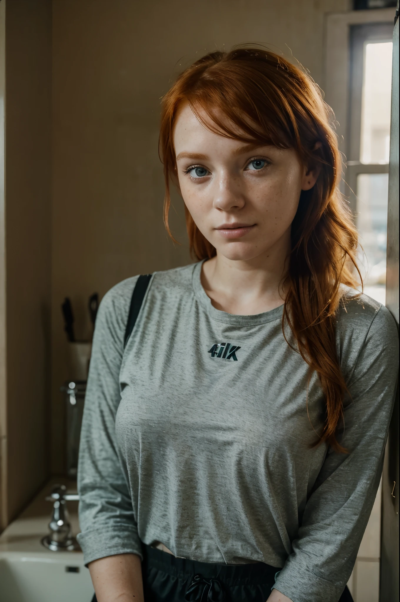 Photo of a ginger woman, in random places, doing random things, looking random places with normal clothes, (freckles:0.8) cute face, dystopian, detailed eyes, Lady, approximately 18 years old, posing while doing day to day chores. Resolution 8k, 4k, ultrarealistic, realistic, textured skin