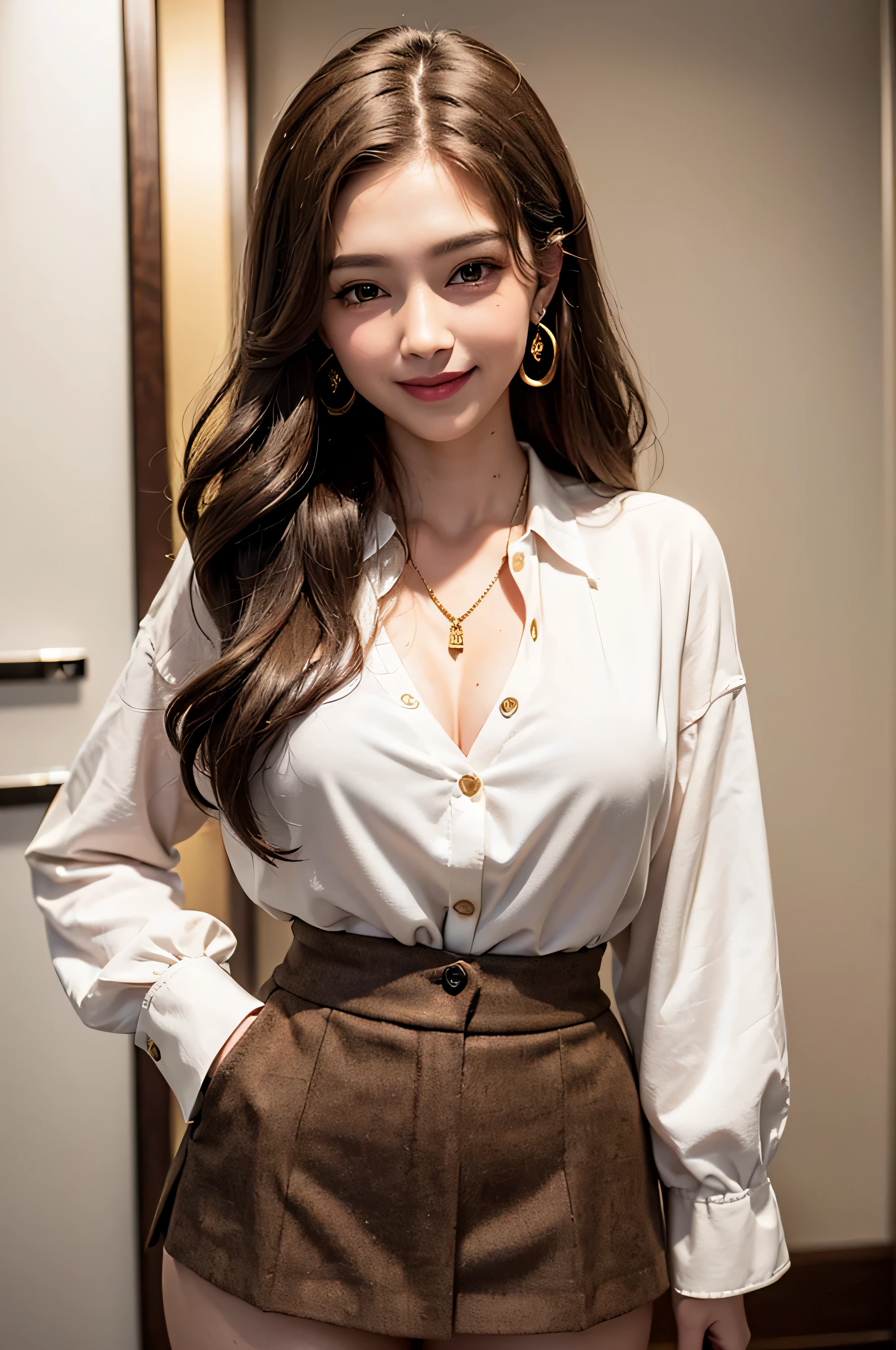 ((Beautiful girl:1.3)) Highest quality,masterpiece,Ultra-high resolution,(Realistic:1.4),RAW Photos,(Real skin texture:1.3),(Film Grain:1.3),Panorama,Portraits,Very wide shot,Tight waist,Cowboy Shot,(In the Dark, Deep Shadow, Modest, Cold Light,) night,(()),Tears flow,,Dust,Tyndall effect,(Performance),One person,Beautiful and detailed eyes and face,White Jabot,Brown eyes,((Brown Hair:1.2)) ((whole body:1.3)) ((smile:1.3))((Super long brown hair:1.2)),((Hair with loose waves inside:1.2)),((gold necklace＿Large earrings:1.2)),((shy smile:1.3)),((mideum breasts:1.3)),,((full body portrait:1.4)),((Sits on a bar chair In a crowded café at dusk:1.3))((Place your left hand gently on your chin，right hand holding chest:1.3)),((Sitting elegantly with crossed legs:1.5))((chest thrusting pose, chest bragging pose:1.4)),  ((white long sleeve button up blouse,_brown pleated mini skirt,Put the shirt inside the skirt:1.3)),