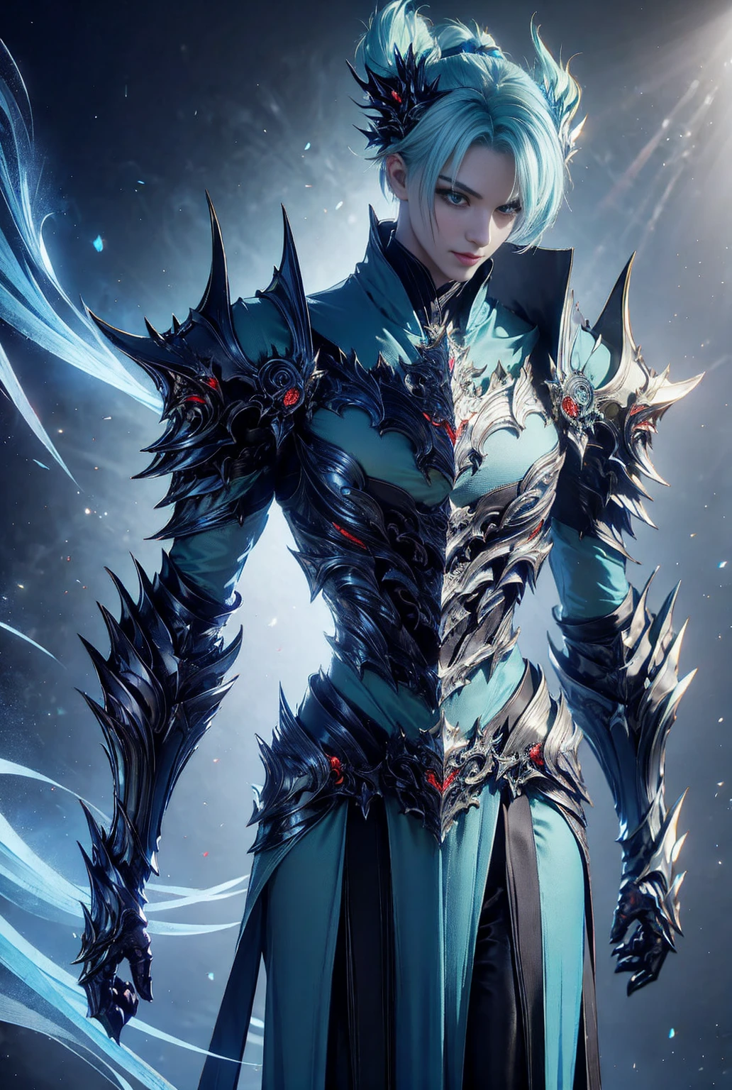 Green Dragon,merge with a girl,Long light blue hair,Sexy brilliant light blue armor,The chest opens,Abdomen exposed,stormy water