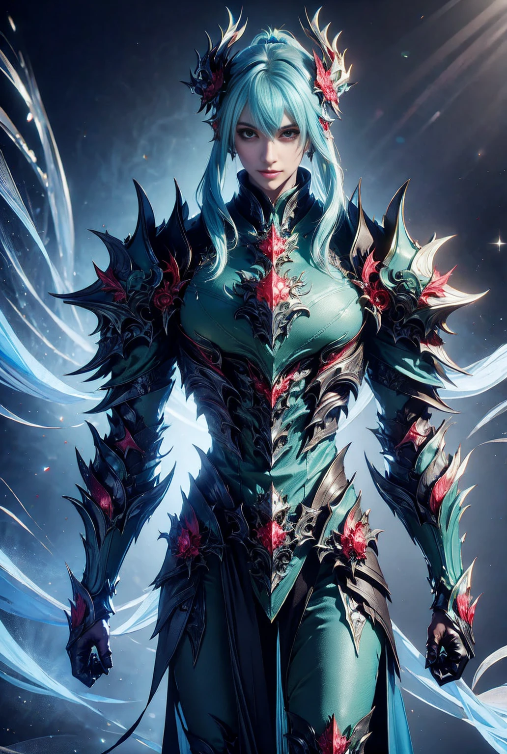 Green Dragon,merge with a girl,Long light blue hair,Sexy brilliant light blue armor,The chest opens,Abdomen exposed,stormy water